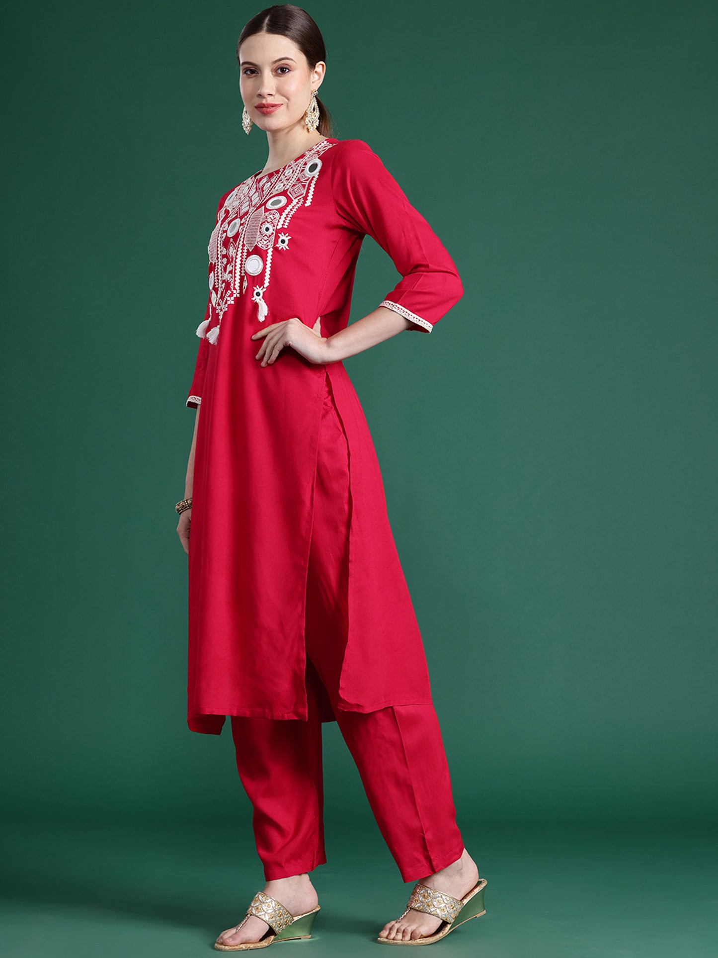 IE Pink Embroidered Straight Kurta Trousers With Dupatta set