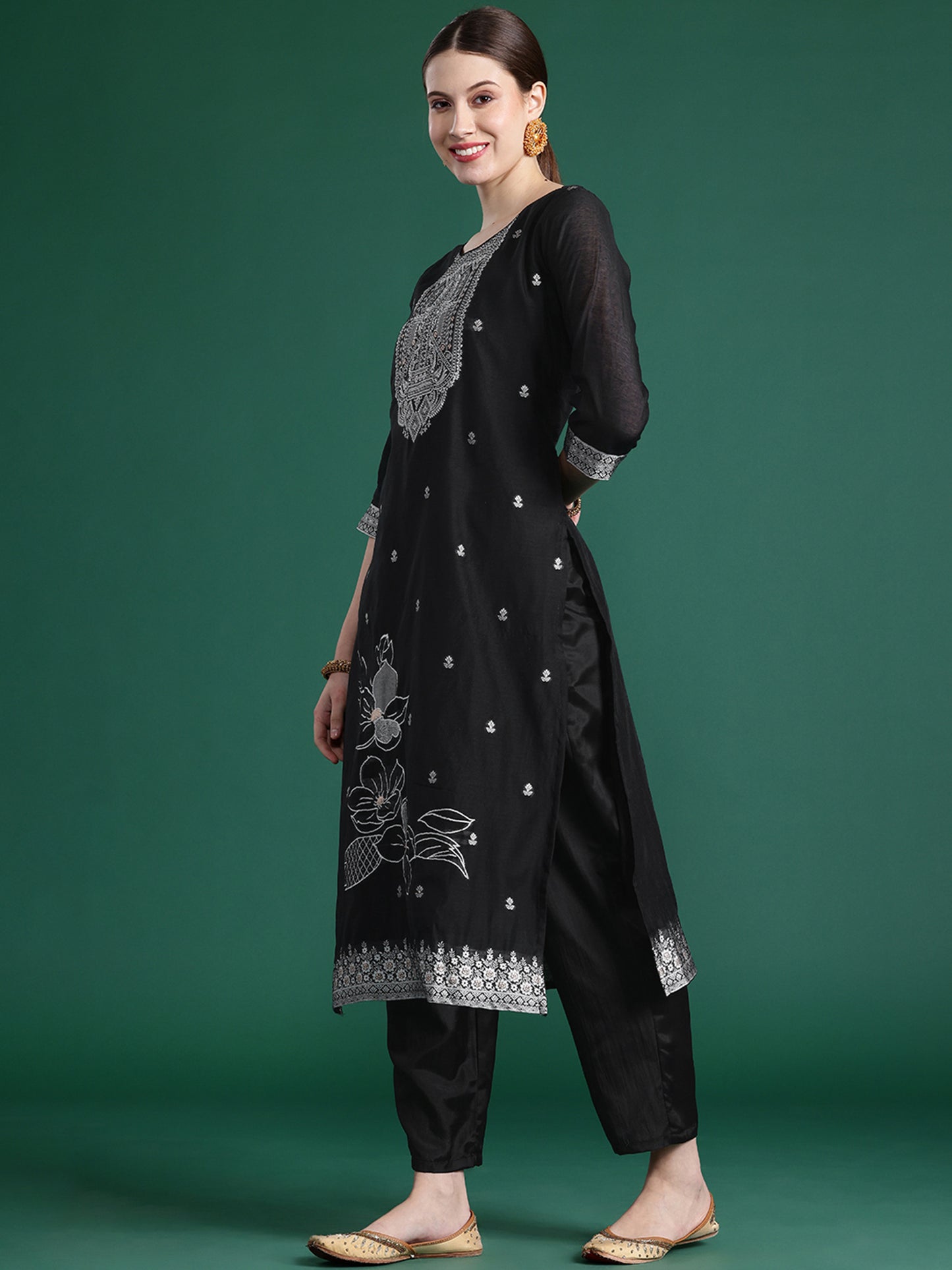 IE Black Woven Design Straight Kurta Trousers set