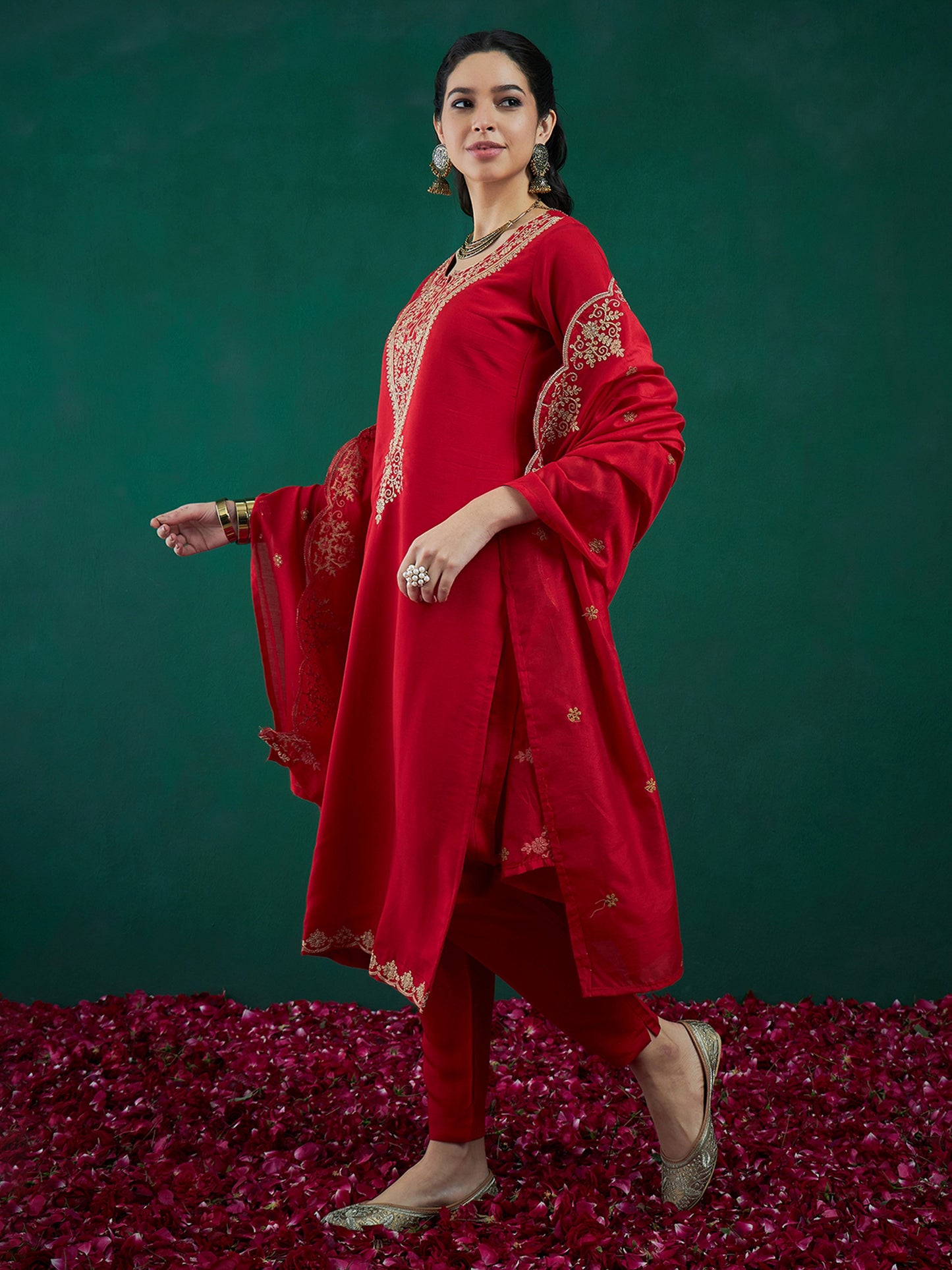 IE Red Embroidered Straight Kurta Trousers With Dupatta set