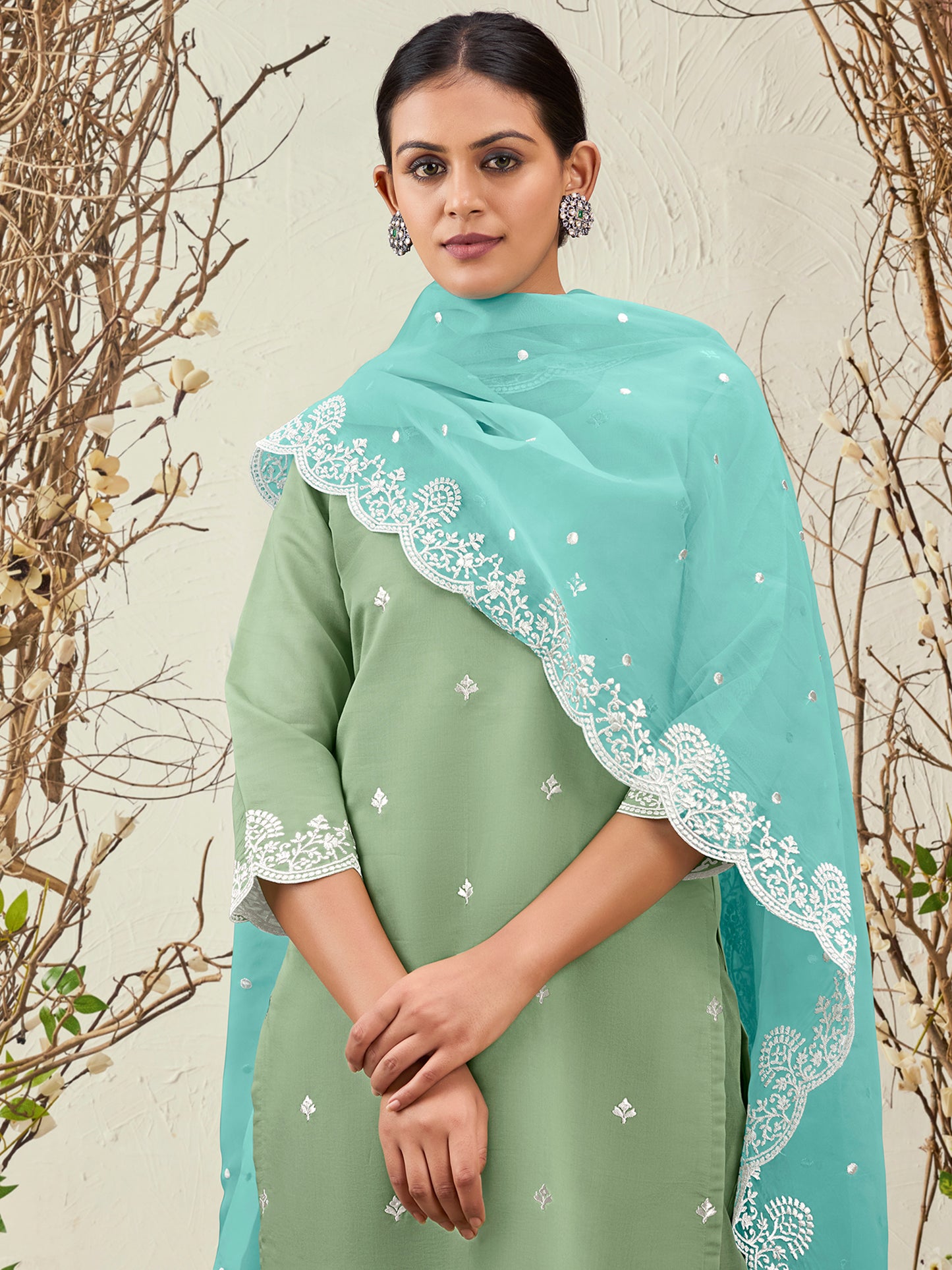 IE Sea Green Straight Embroidered Kurta Trousers With Dupatta Set