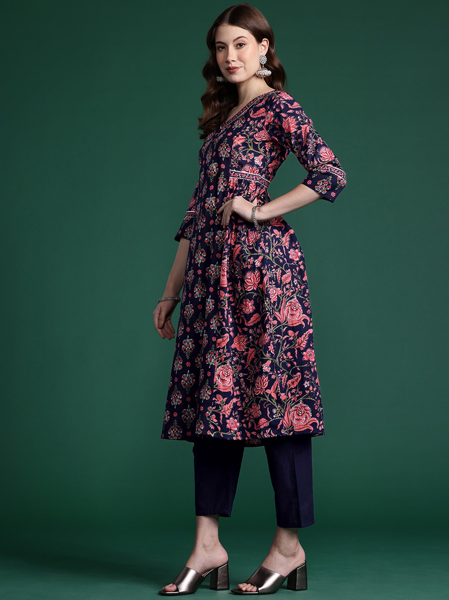 IE Navy Blue Printed A-Line Kurta Trousers With Dupatta set