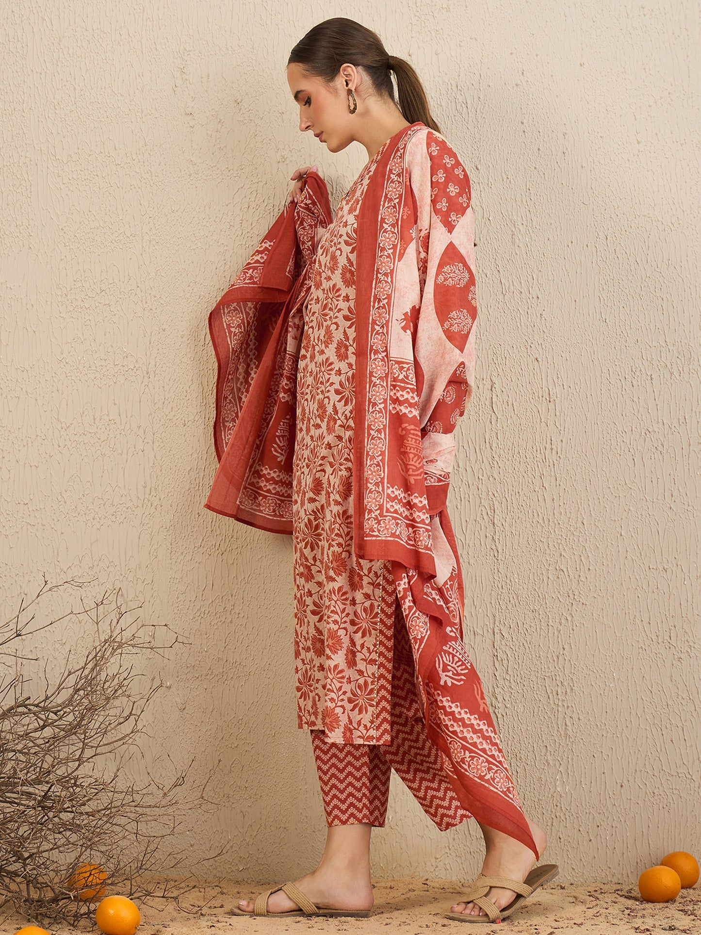 IE Rust Printed Straight Kurta Trousers With Dupatta set