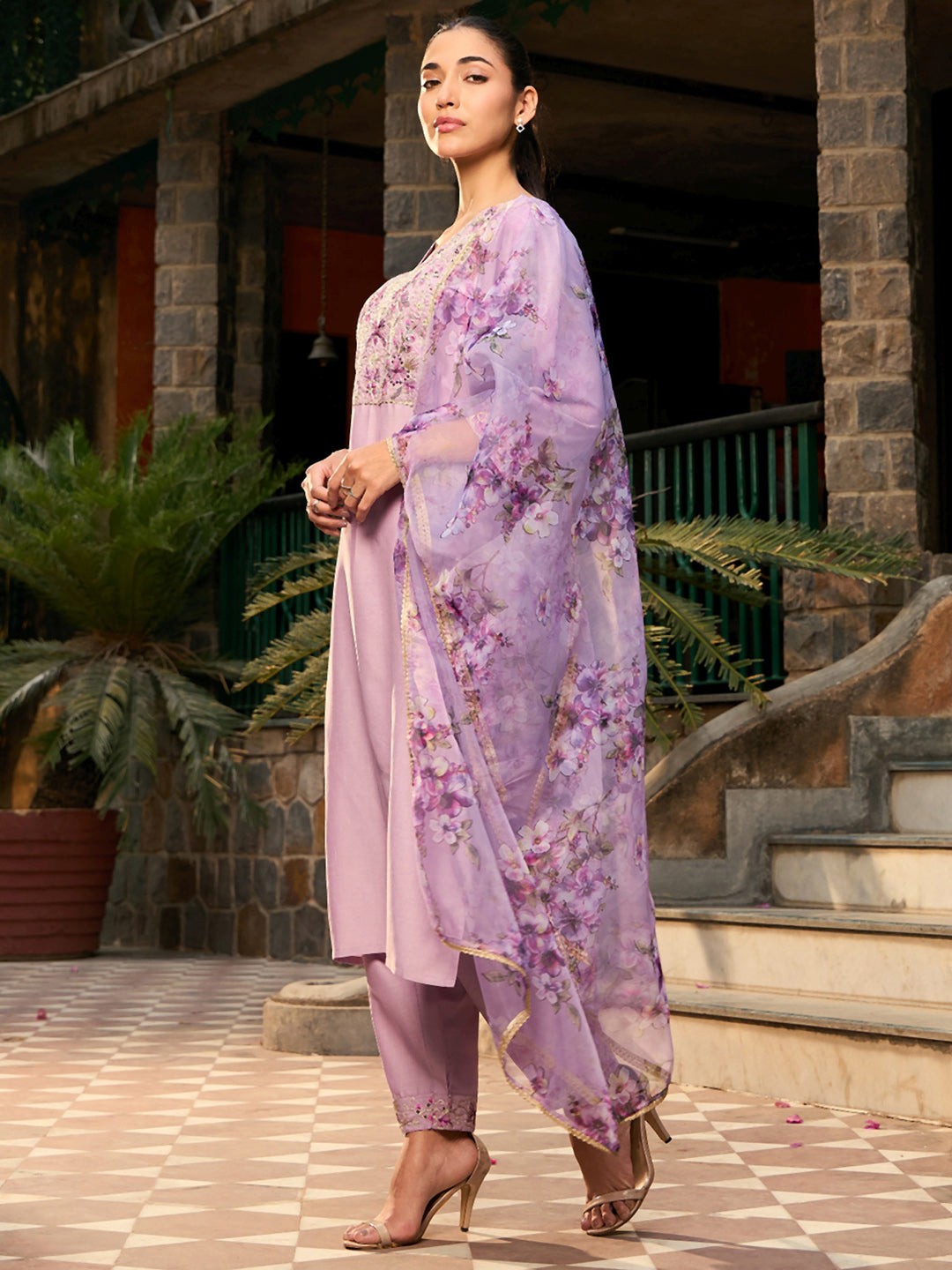 IE Purple Embroidered Straight Kurta Trousers With Dupatta set