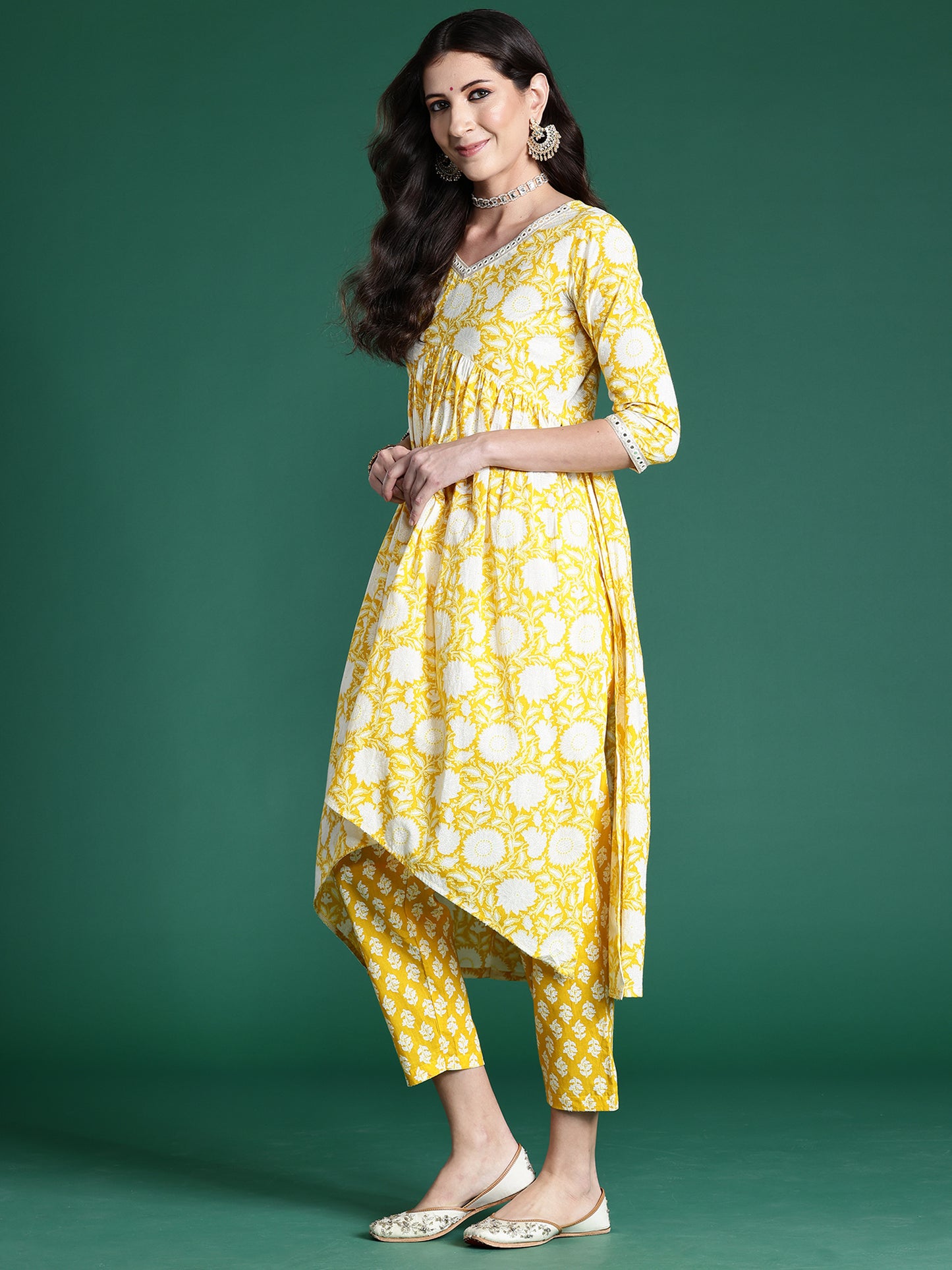 IE Yellow Printed A-Line Kurta Trousers With Dupatta set