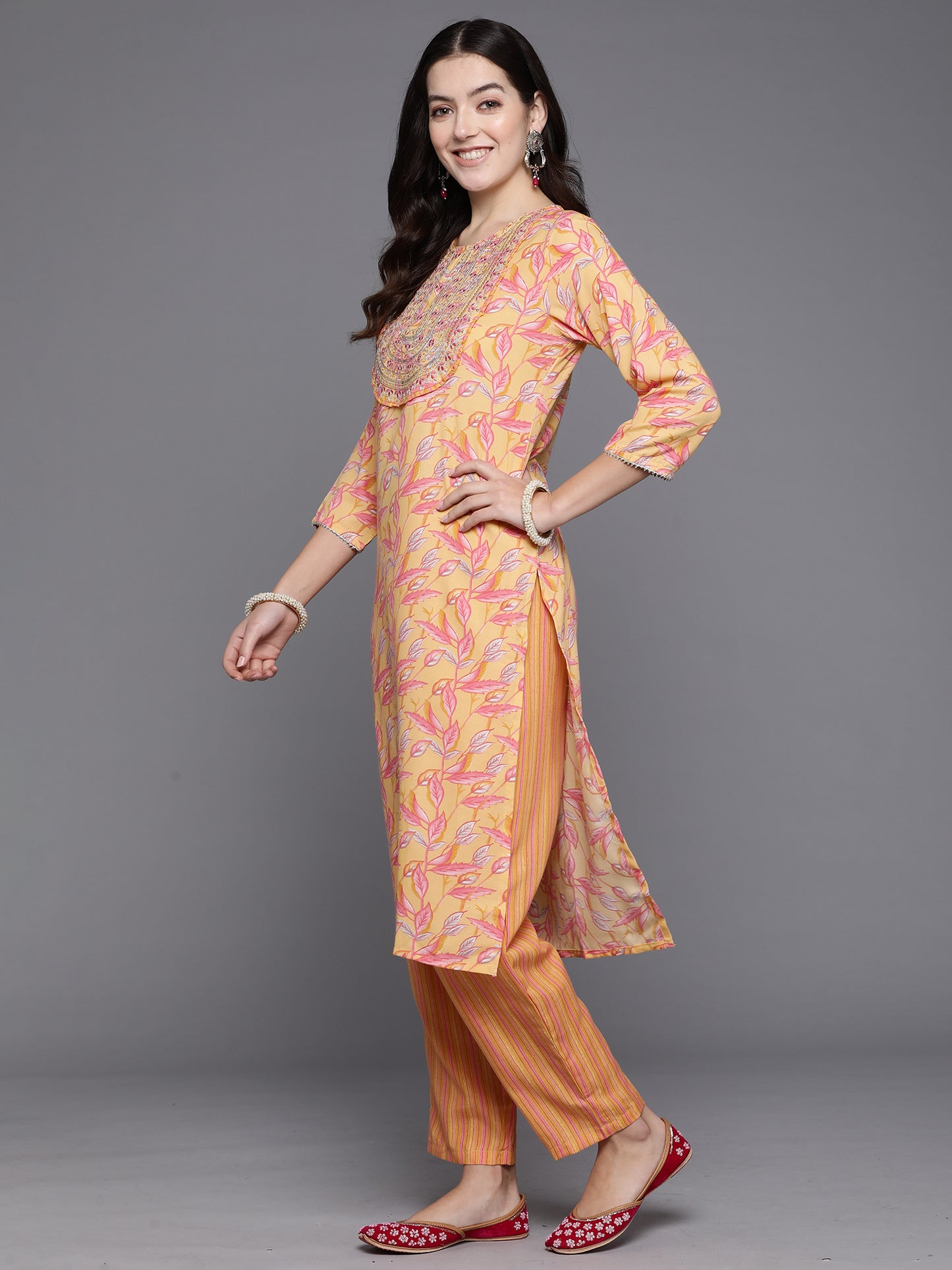 IE Yellow Embroidered Straight Kurta Trousers With Dupatta Set