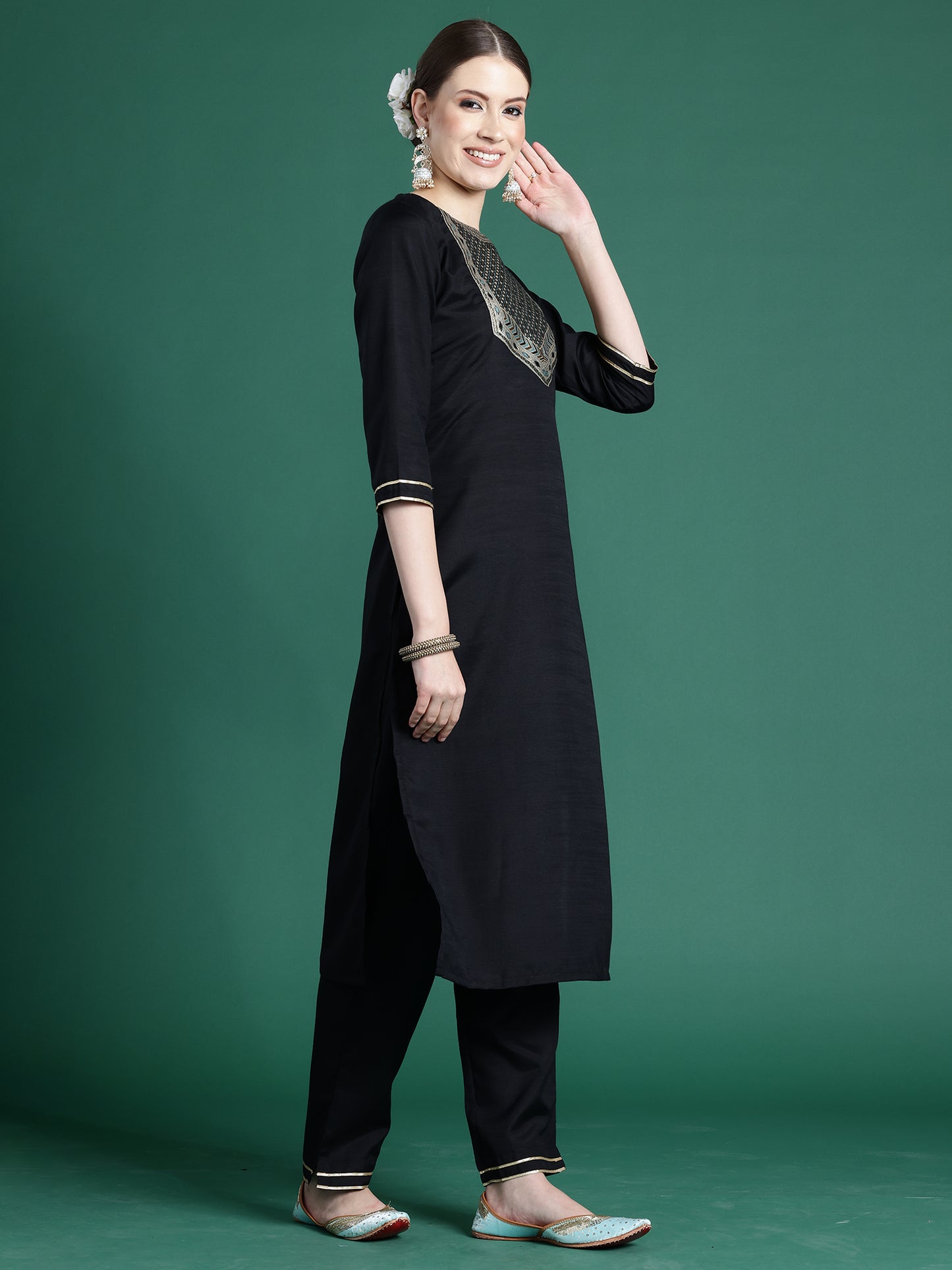 IE Black Self Design Straight Kurta Trousers With Dupatta set