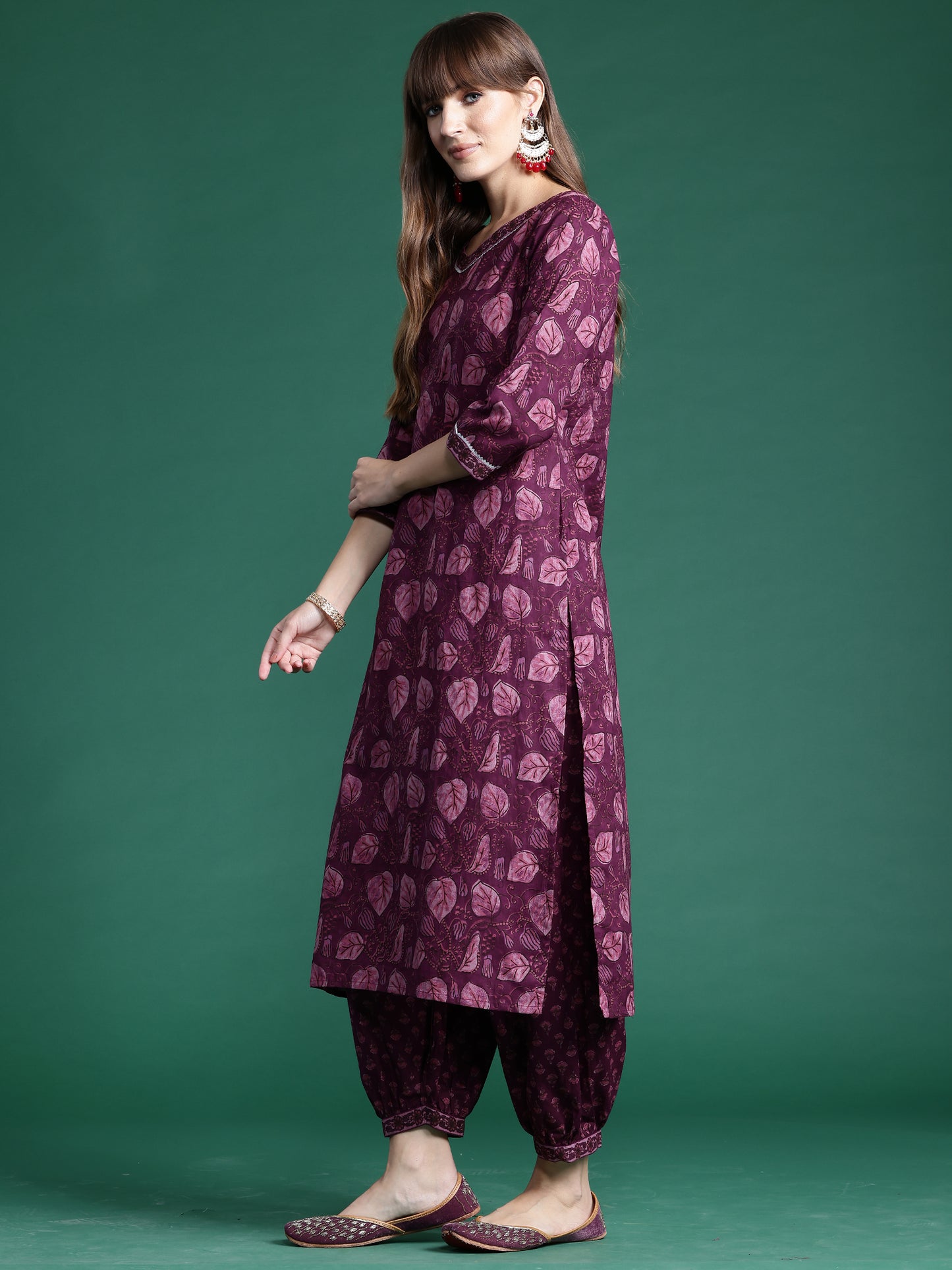 IE Burgundy Printed Straight Kurta Palazzos With Dupatta set