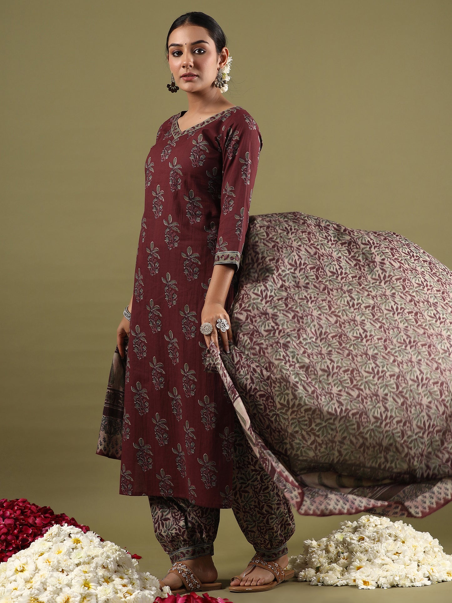 IE Burgundy Printed Straight Kurta Salwar With Dupatta set