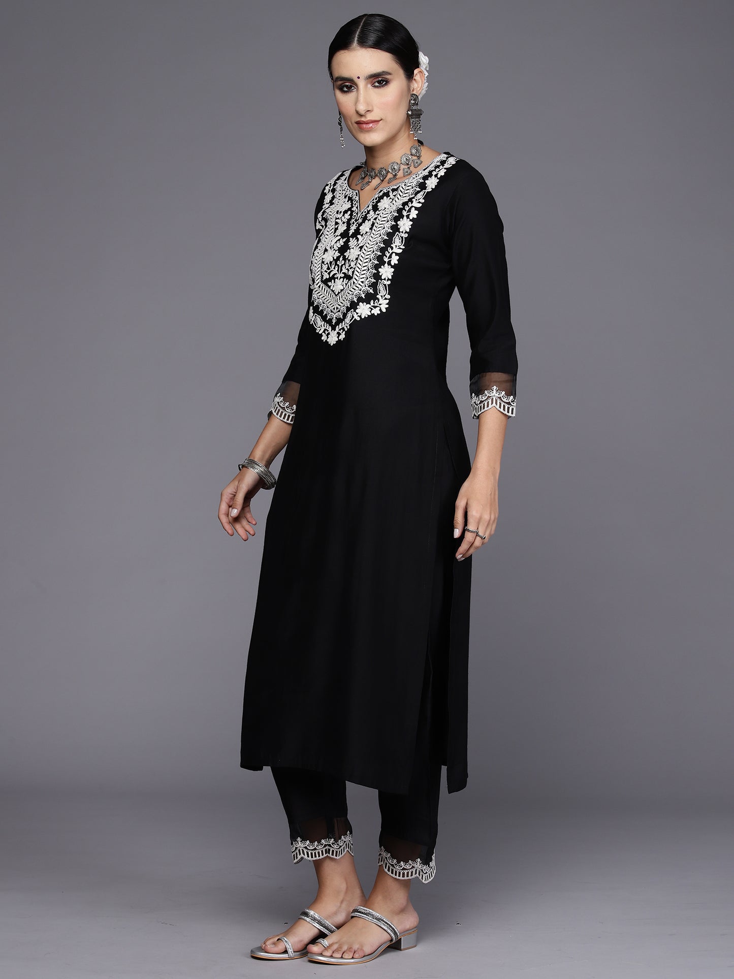 IE Black Embroidered Straight Kurta Trousers With Dupatta Set