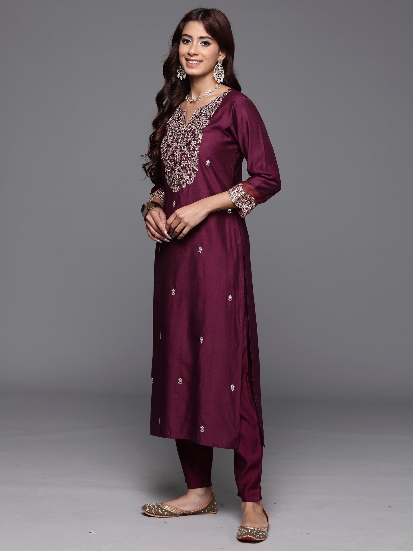 IE Purple Embroidered Straight Kurta Trousers With Dupatta Set