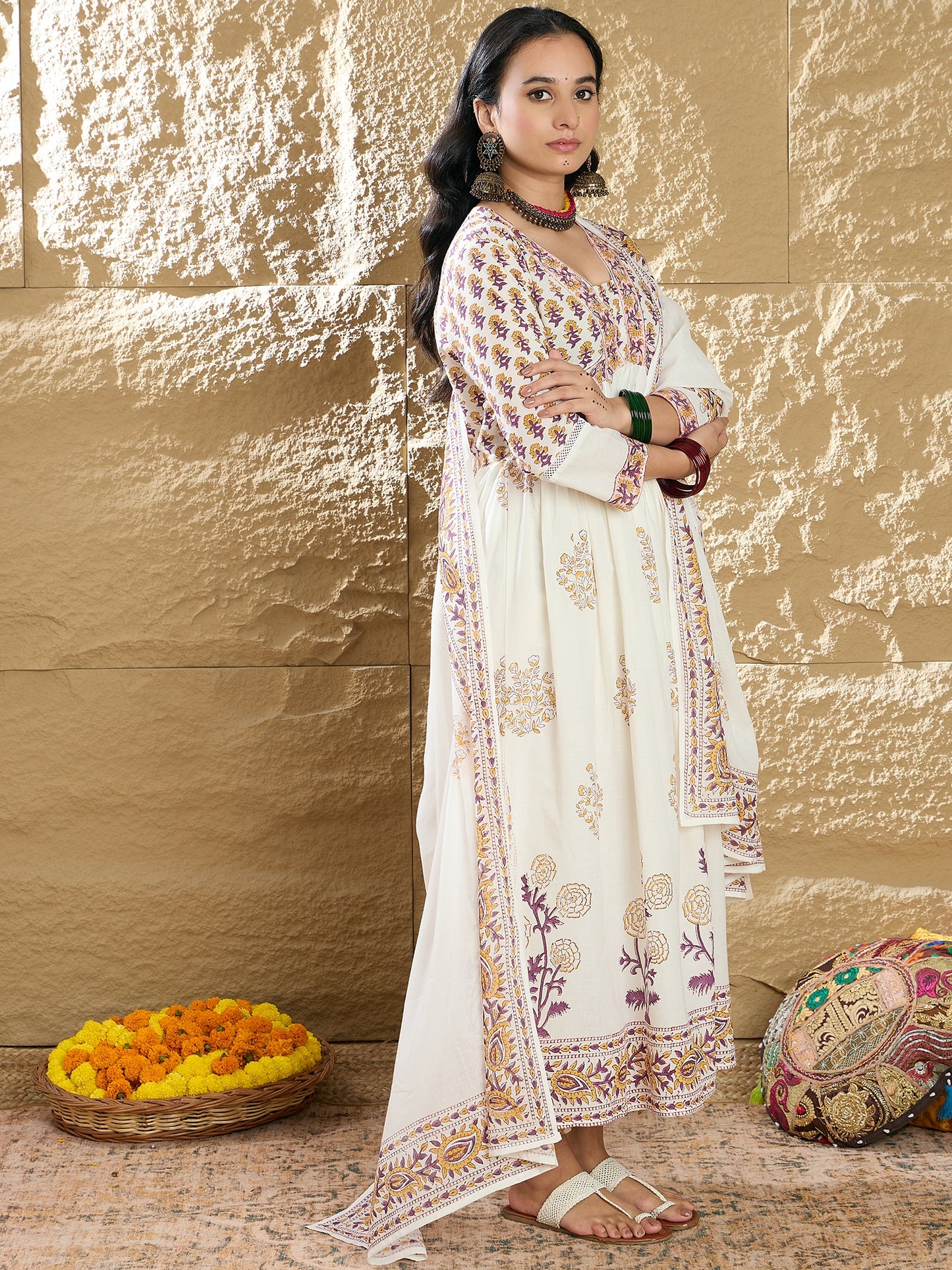 IE White Printed A-Line Kurta Trousers With Dupatta Set