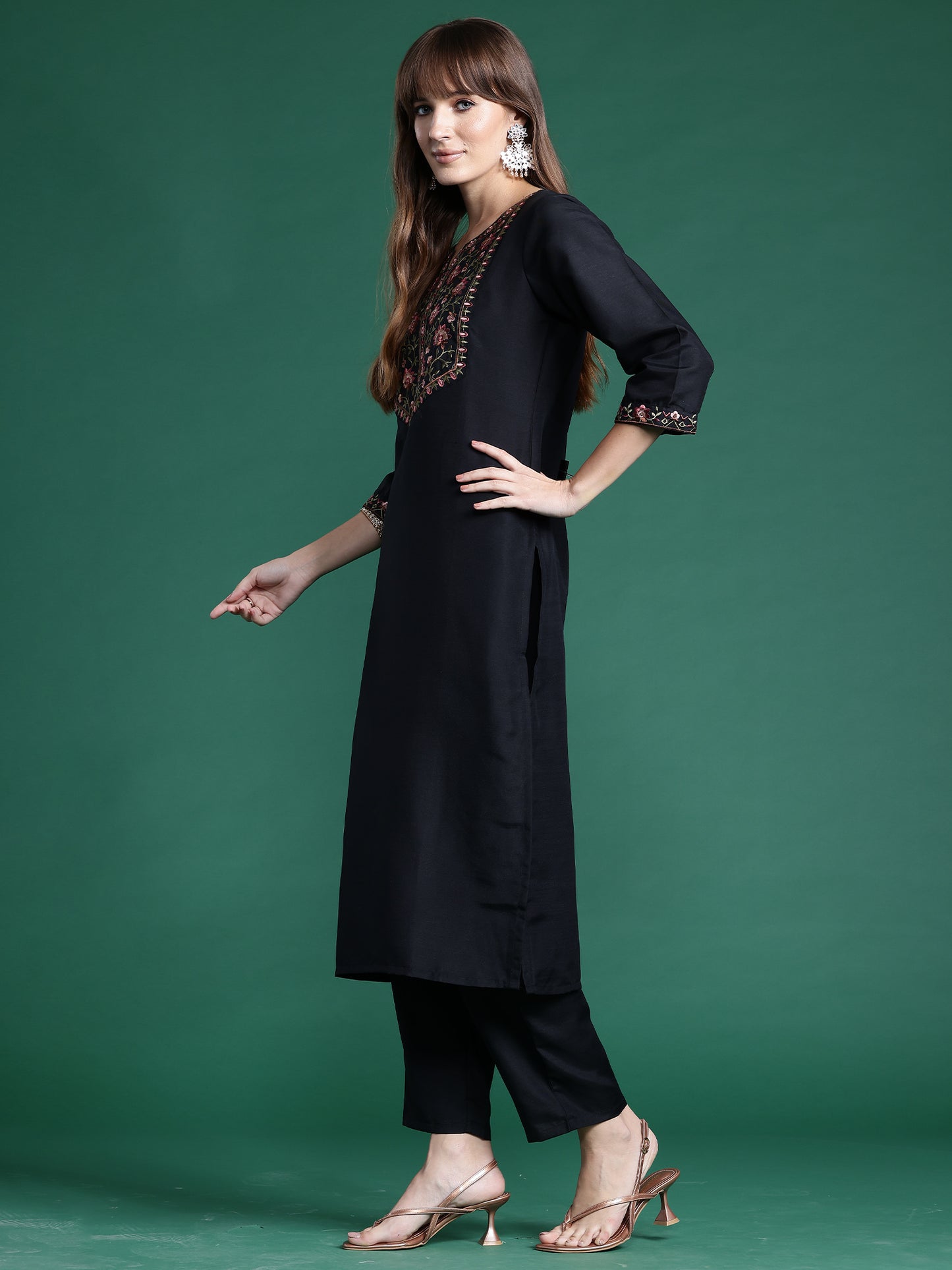 IE Black Embroidered Straight Kurta Trousers With Dupatta  Set