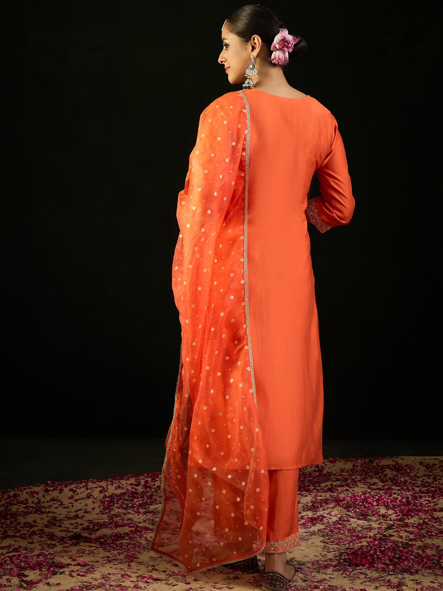 IE Orange Embroidered Straight Kurta Trousers With Dupatta set