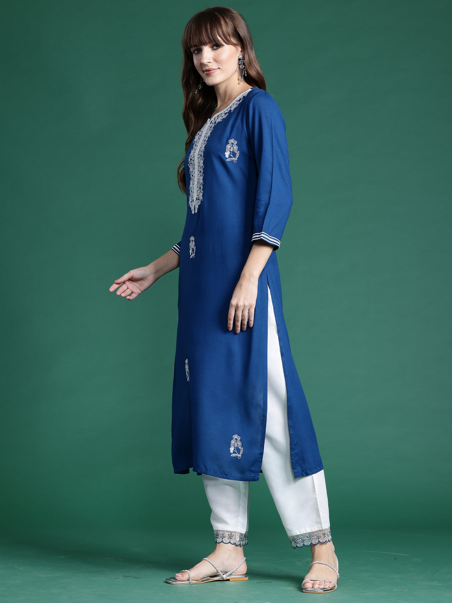 IE Teal Embroidered Straight Kurtas