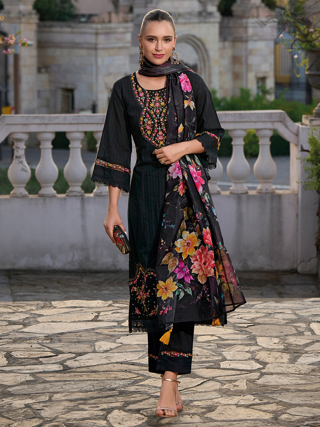 IE Black Embroidered Straight Kurta Trousers With Dupatta set