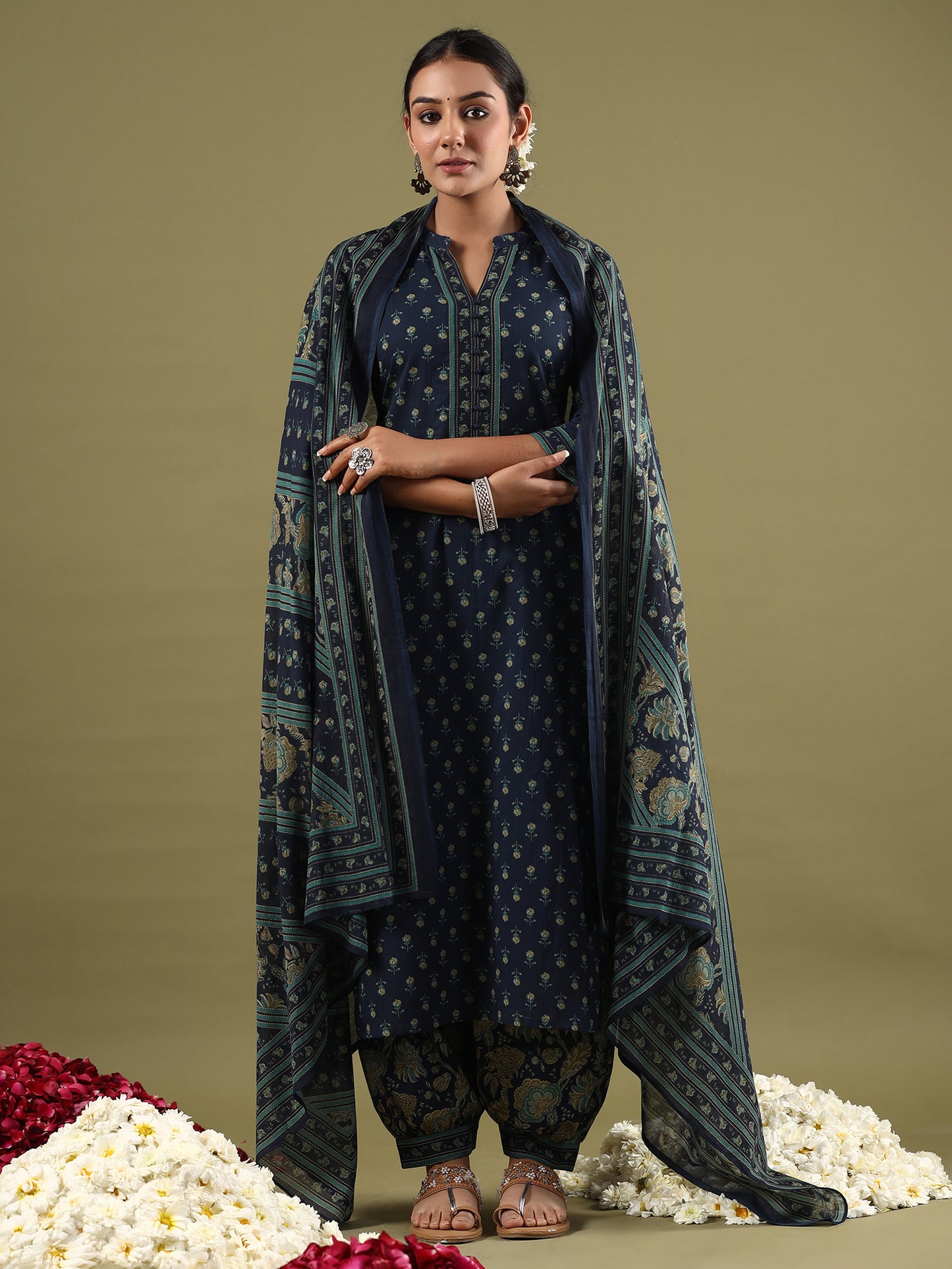 IE Blue Printed Straight Kurta Salwar With Dupatta set