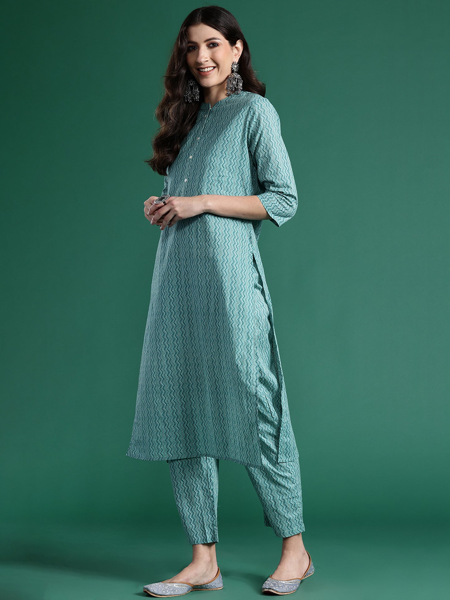 IE Blue Printed Straight Kurta Trousers With Dupatta set