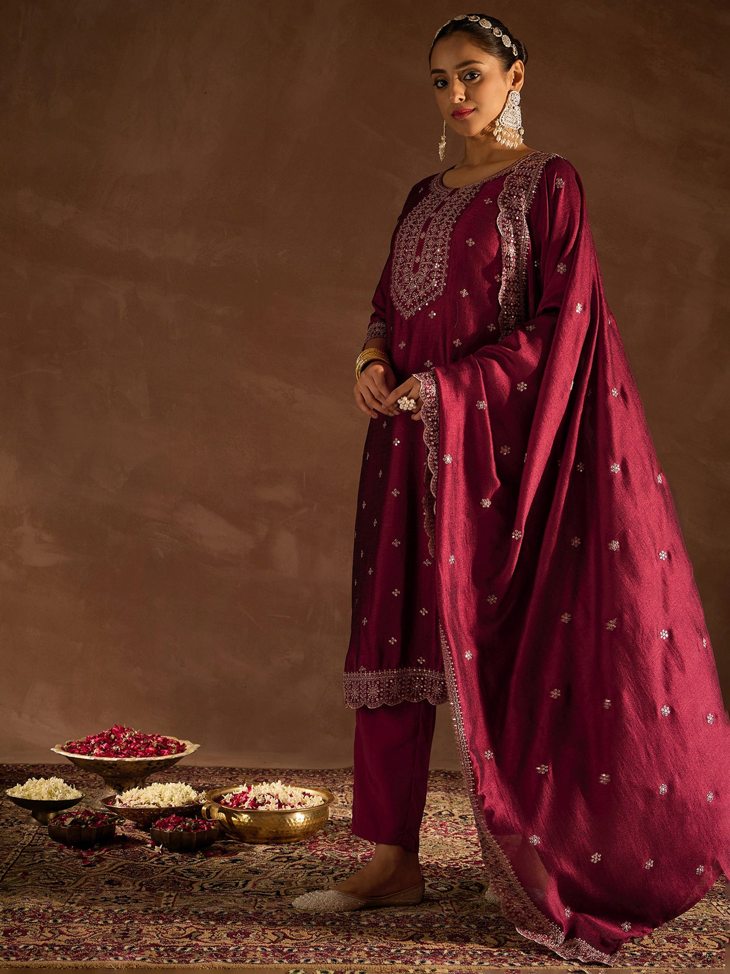 IE Maroon Embroidered Straight Kurta Trousers With Dupatta set