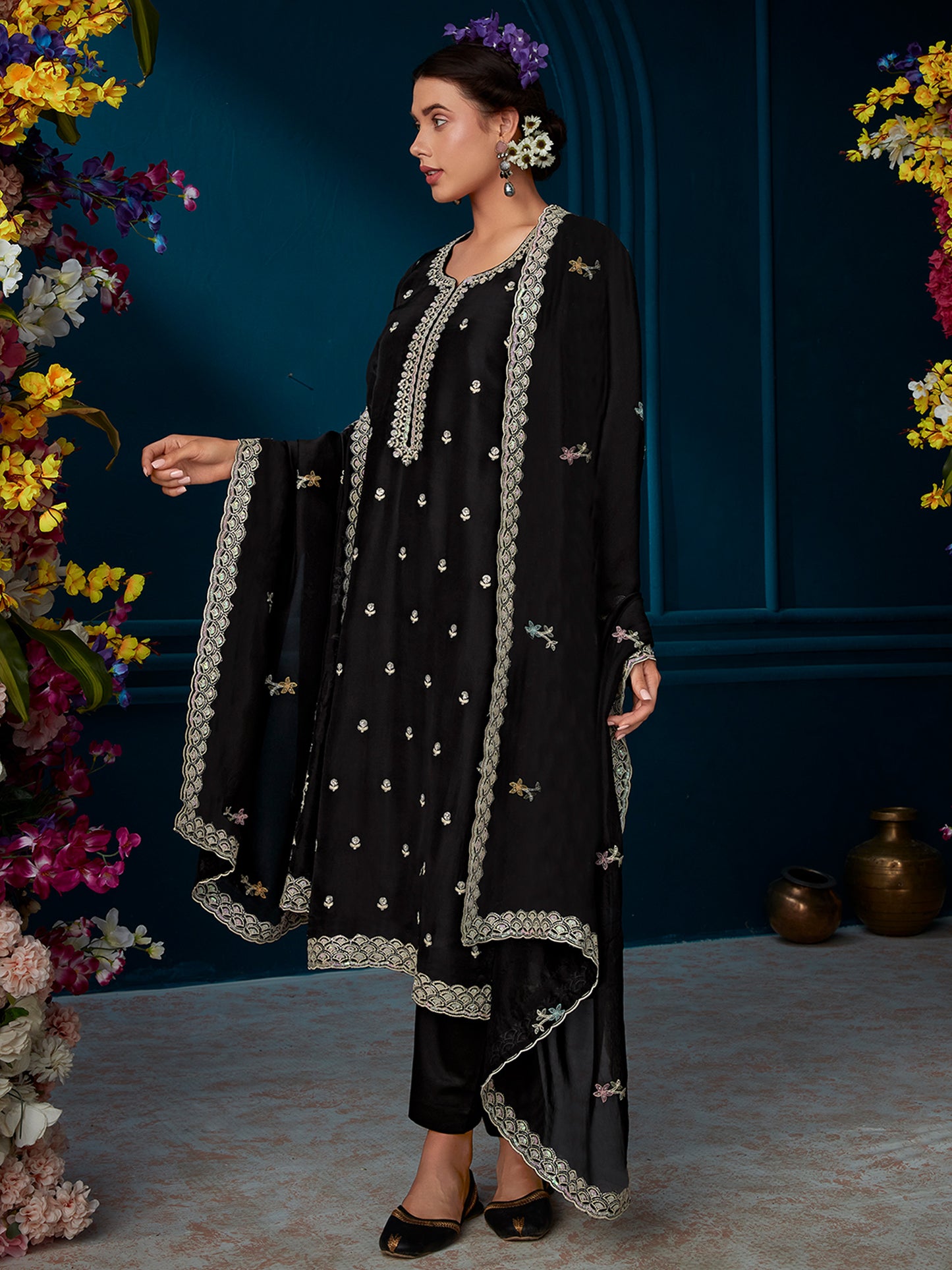 IE Black Straight Embroidered Kurta Trousers With Dupatta Set