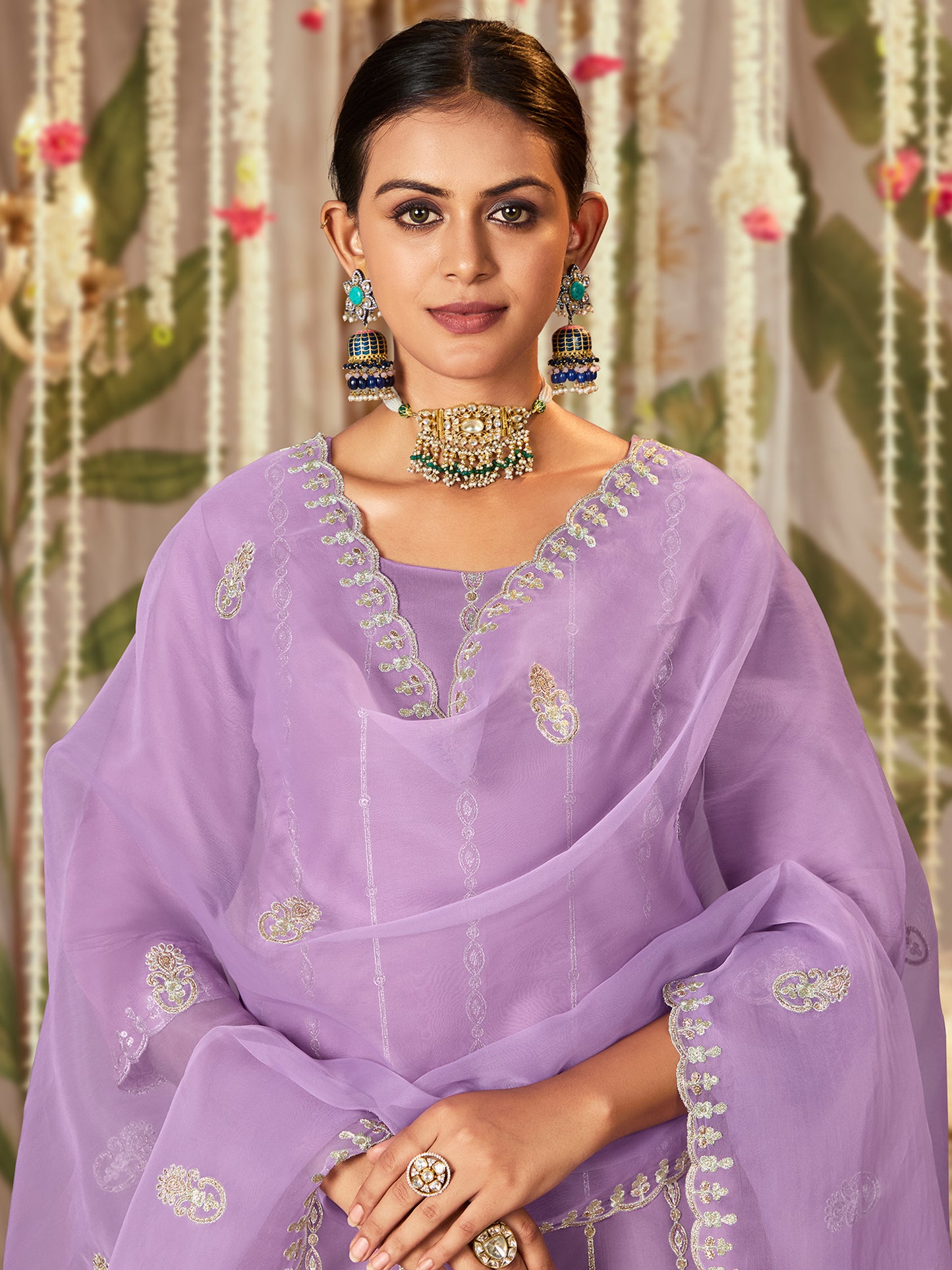 IE Lavender Straight Embroidered Kurta Trousers With Dupatta Set