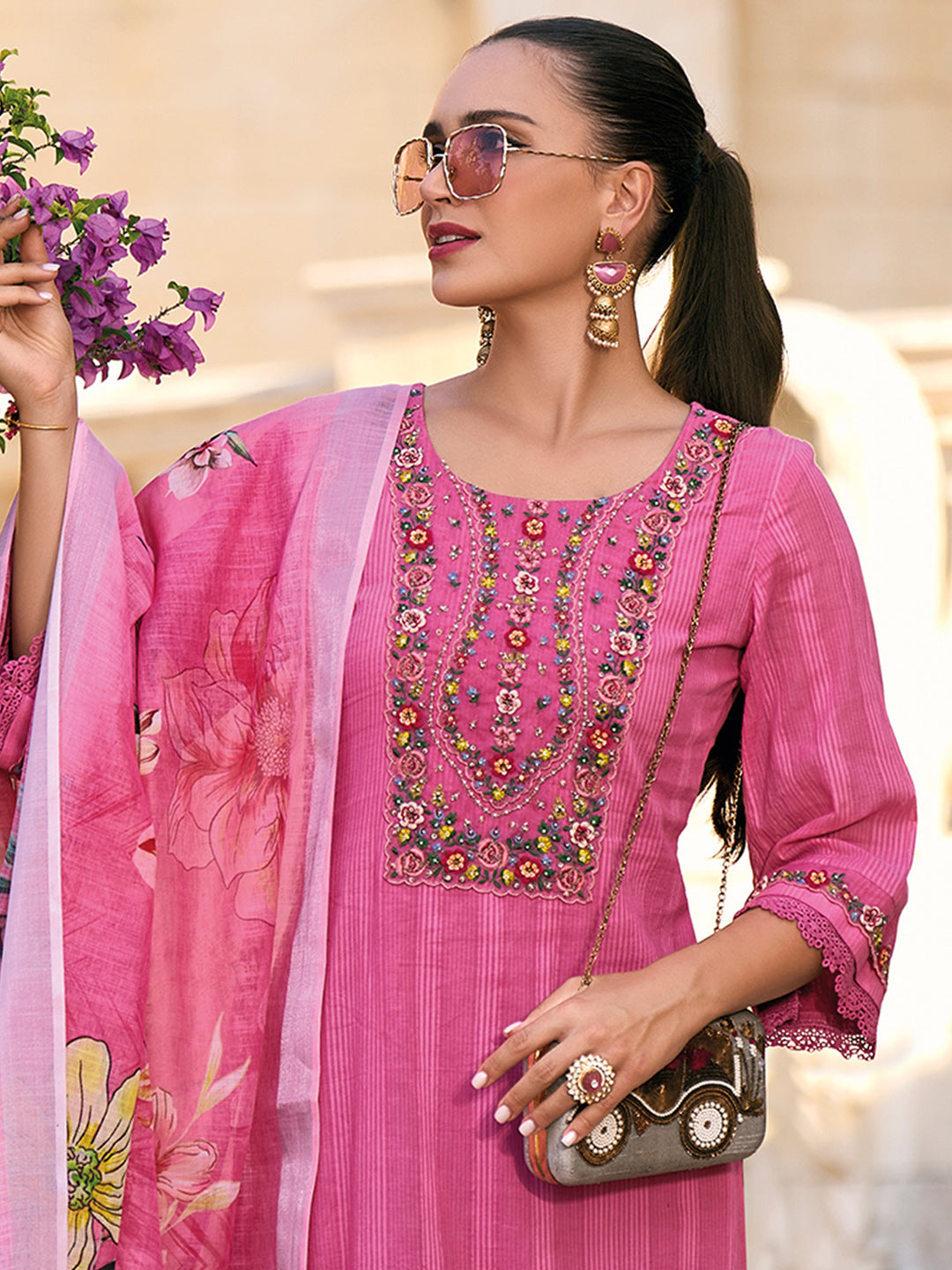 IE Pink Embroidered Straight Kurta Trousers With Dupatta set