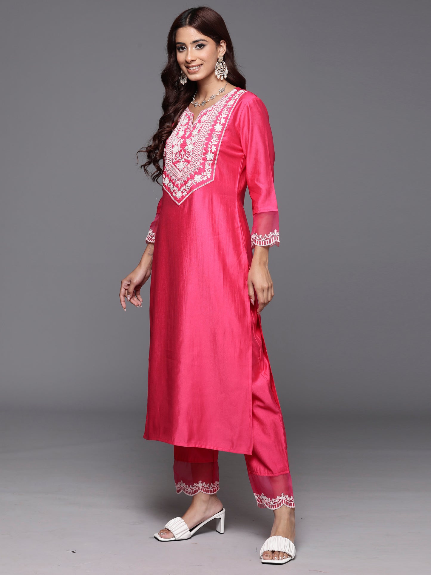 IE Pink Embroidered Straight Kurta Trousers With Dupatta Set