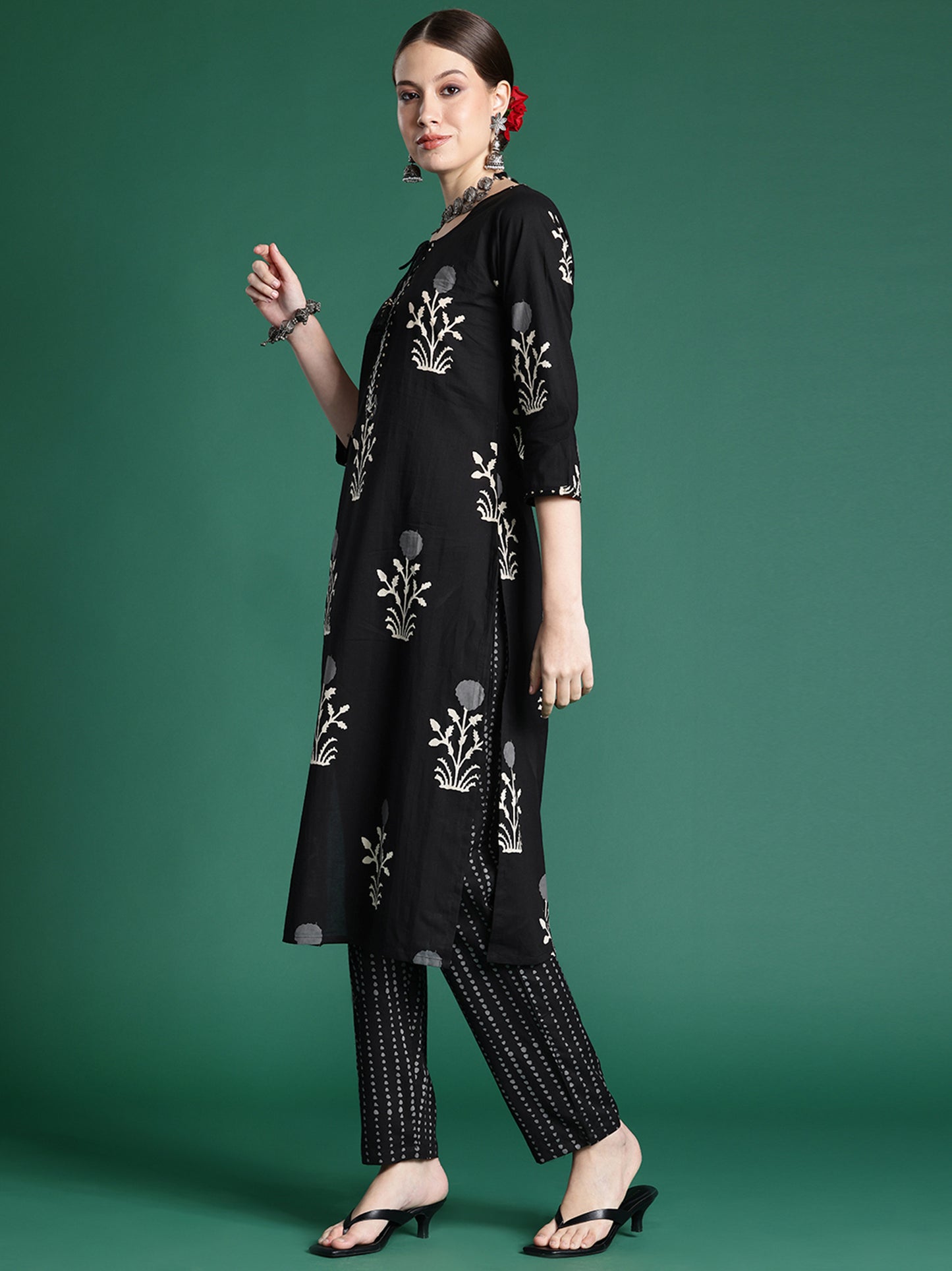 IE Black Printed Straight Kurta Trousers With Dupatta set