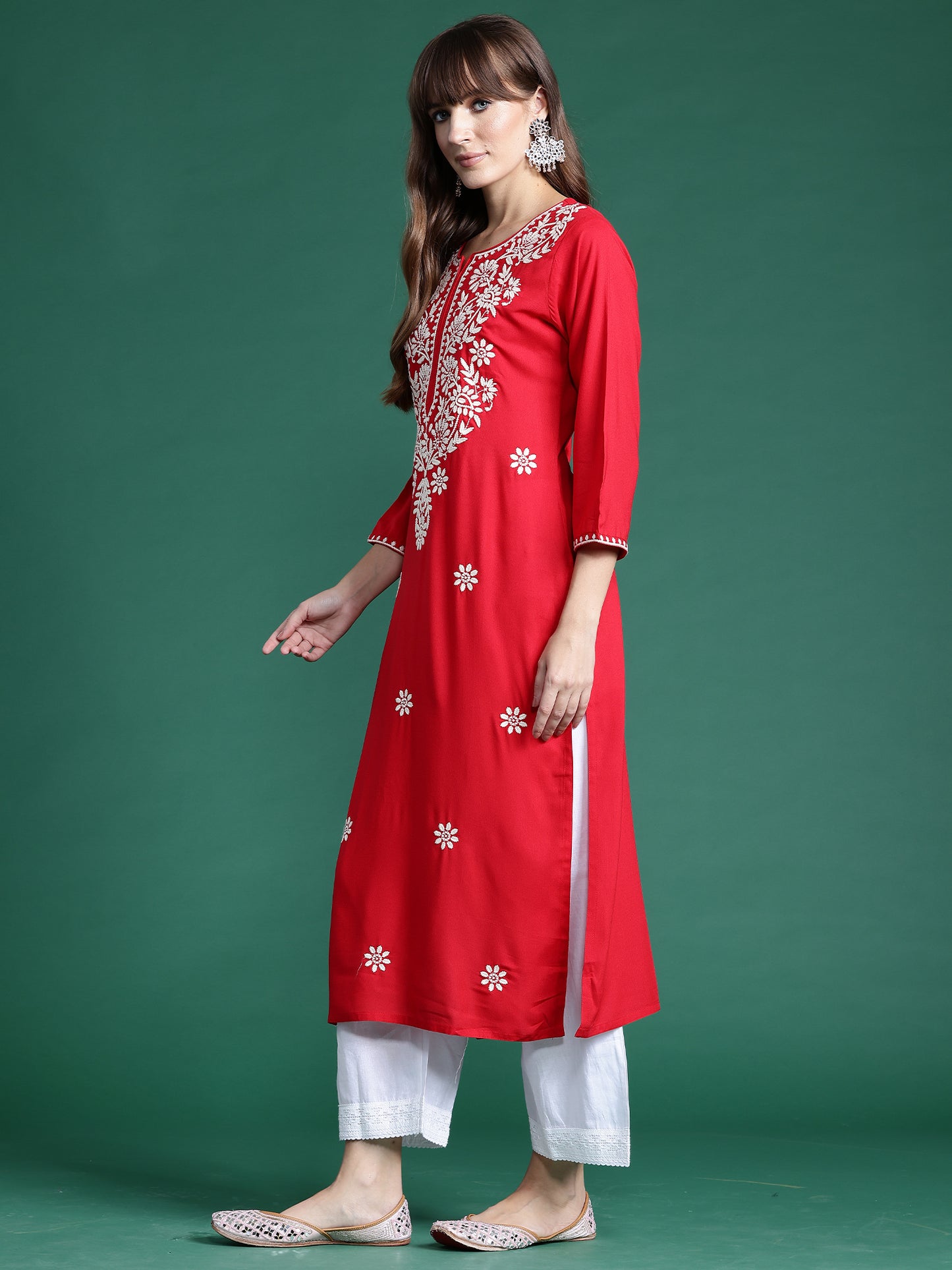 IE Red Embroidered Straight Kurtas