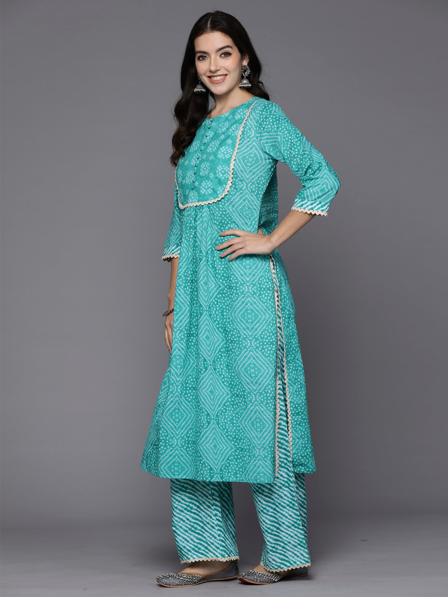 IE Blue Printed Straight Kurta Palazzos With Dupatta Set