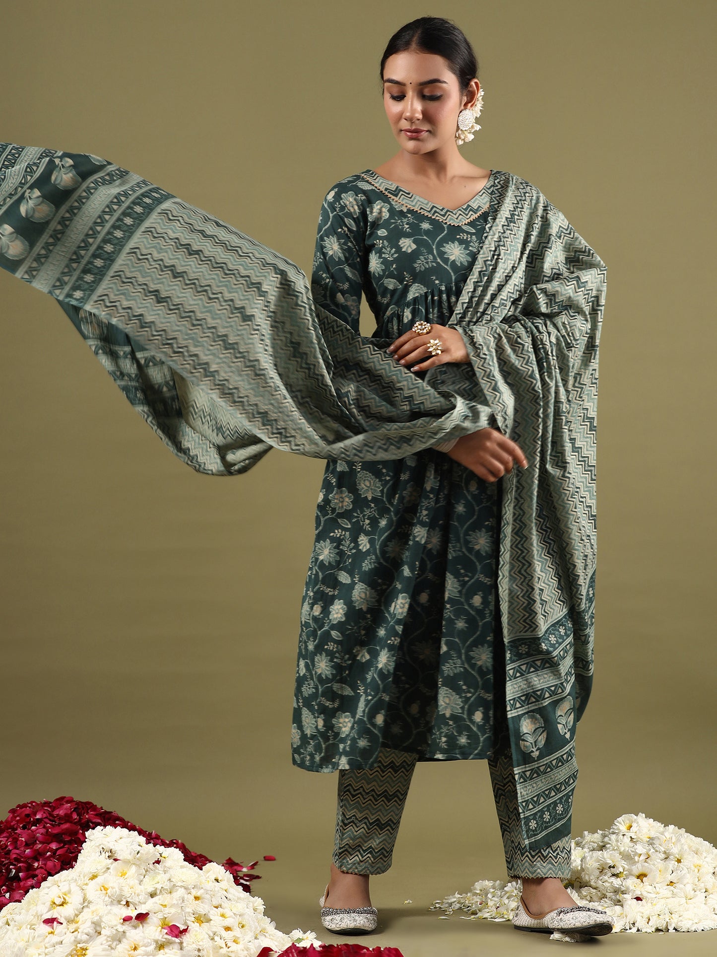 IE Green Printed A-Line Kurta Trousers With Dupatta set