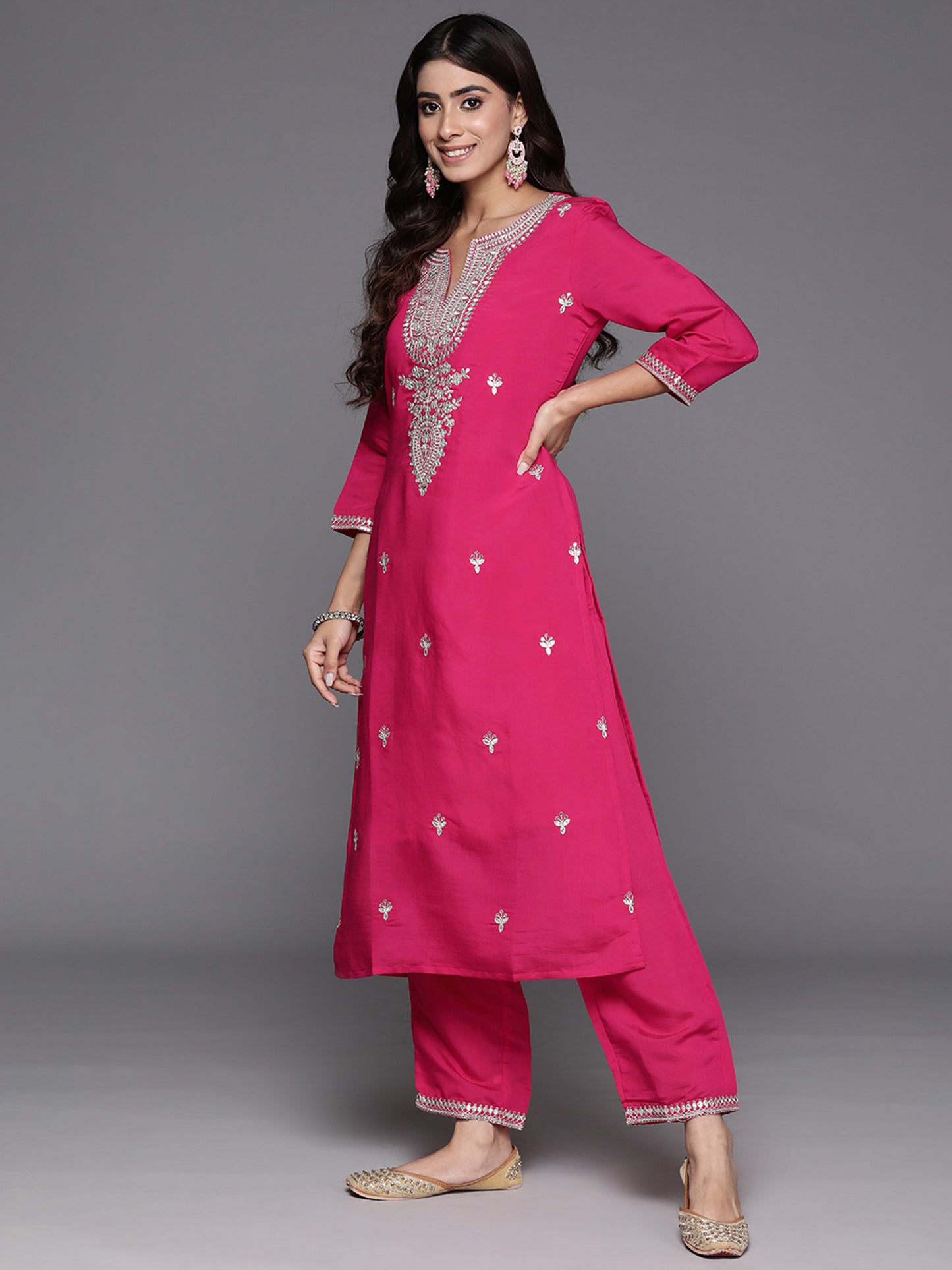 IE Pink Embroidered Straight Kurta Trousers With Dupatta Set