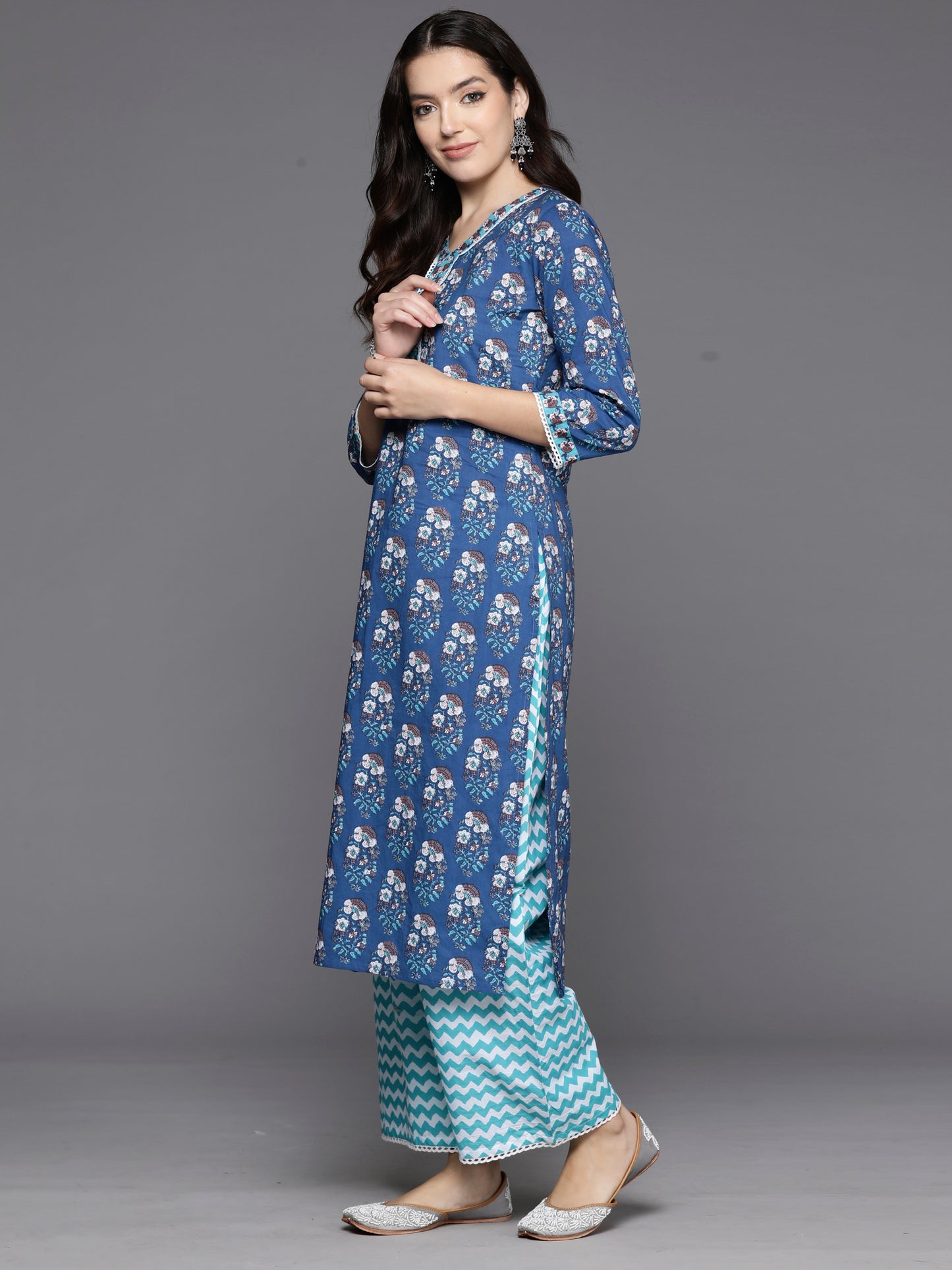 IE Blue Printed Straight Kurta Palazzos With Dupatta Set