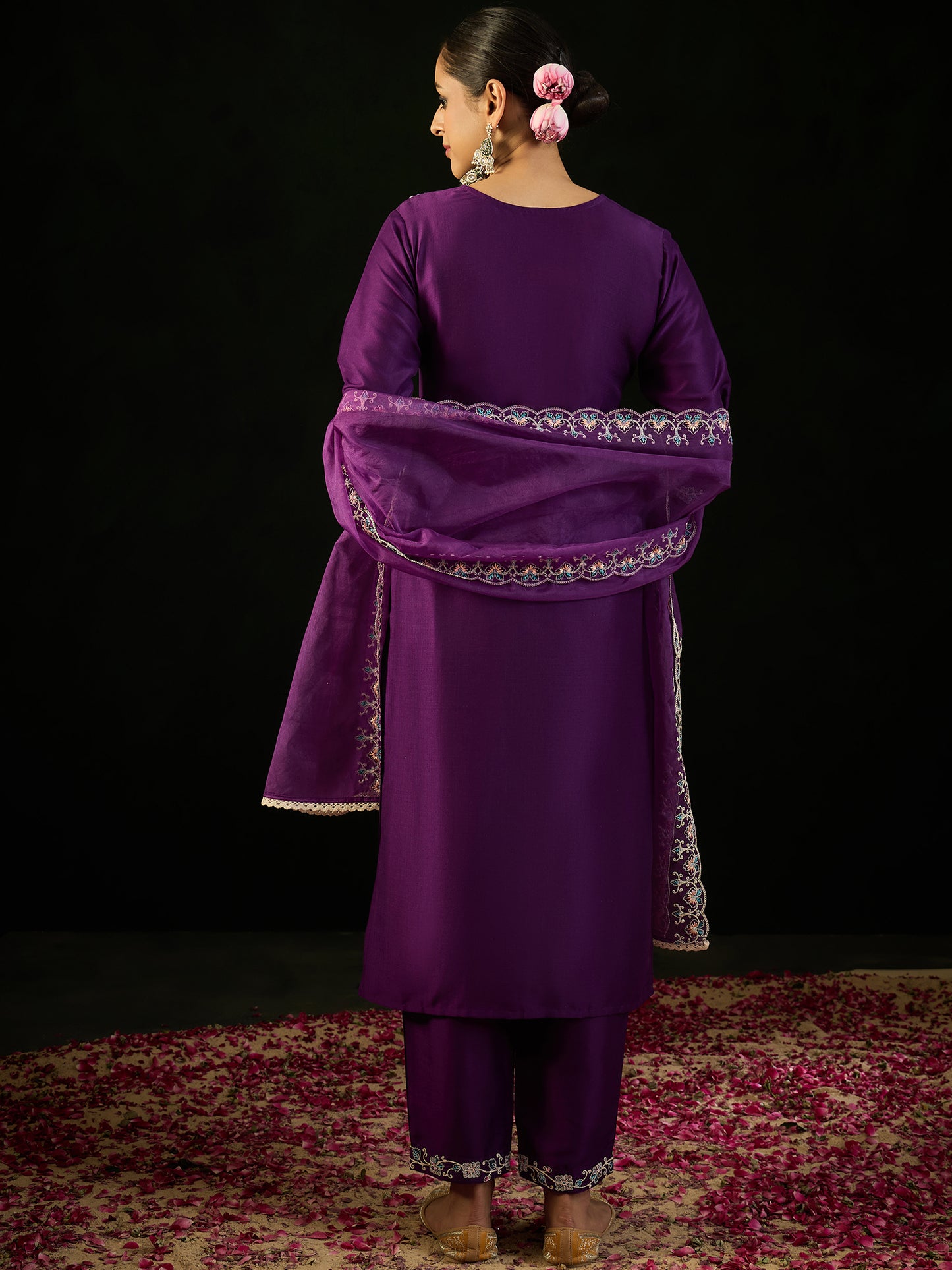 IE Purple Embroidered Straight Kurta Trousers With Dupatta set