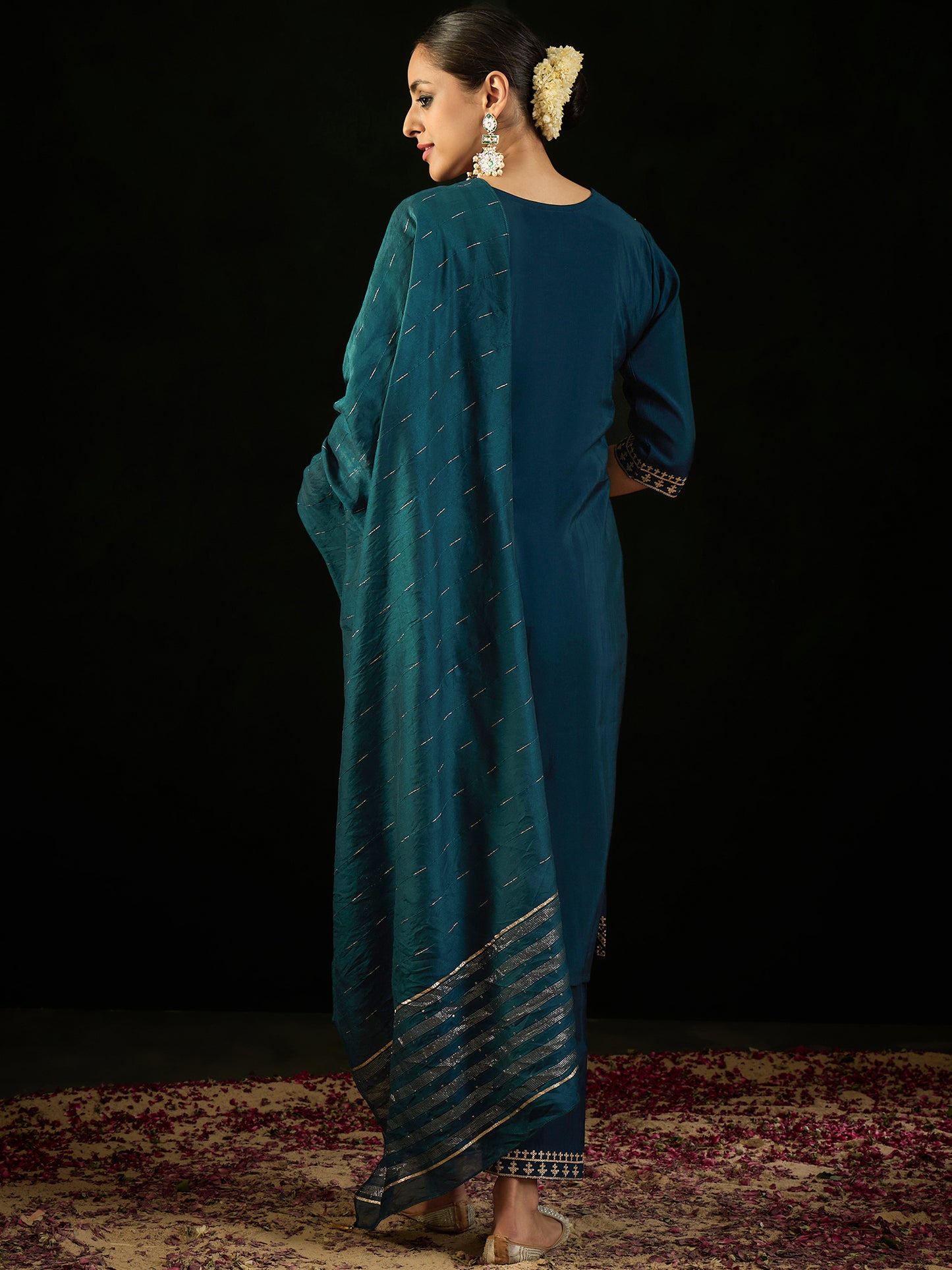 IE Teal Embroidered Straight Kurta Trousers With Dupatta set