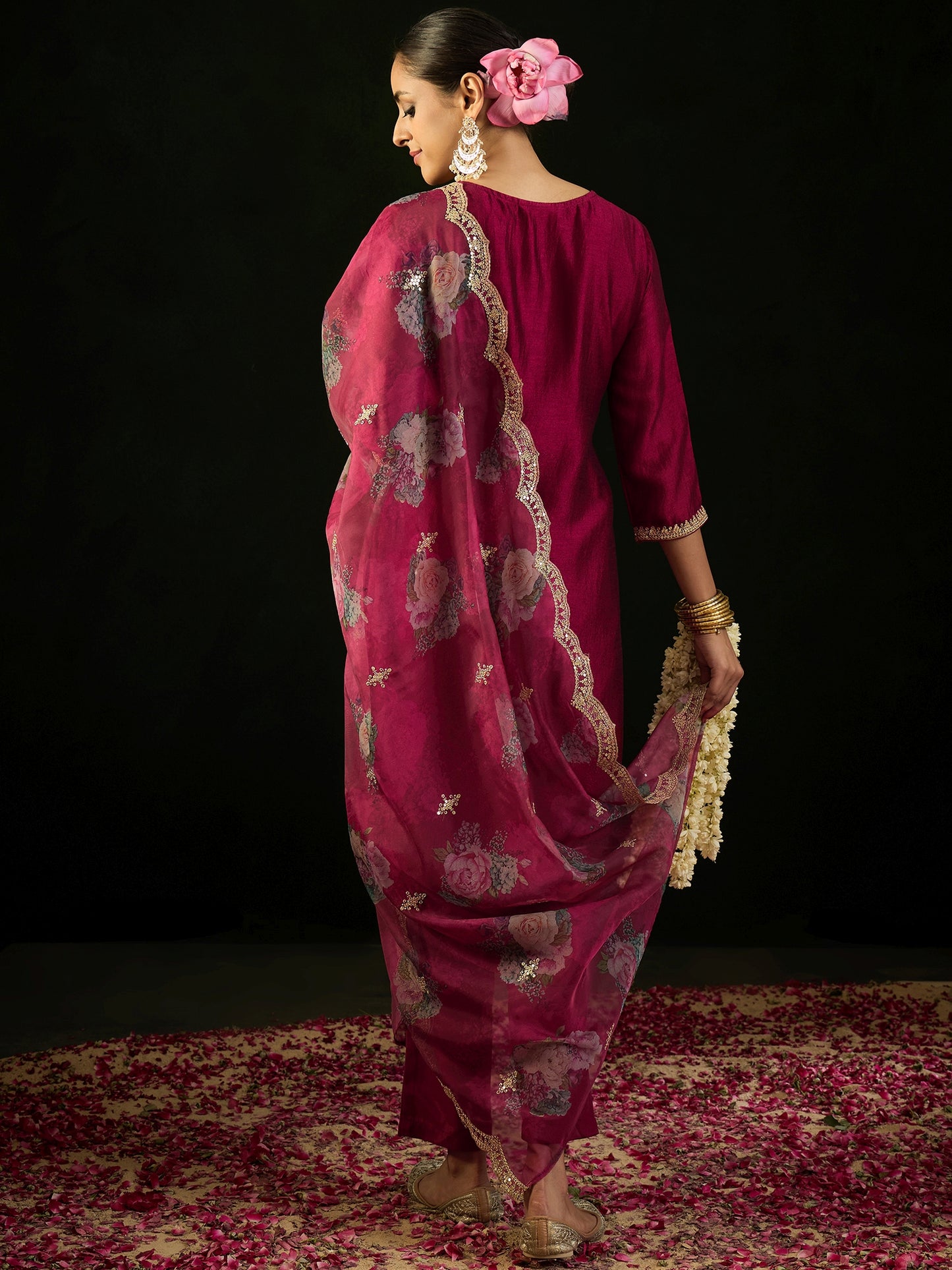 IE Maroon Embroidered Straight Kurta Trousers With Dupatta set