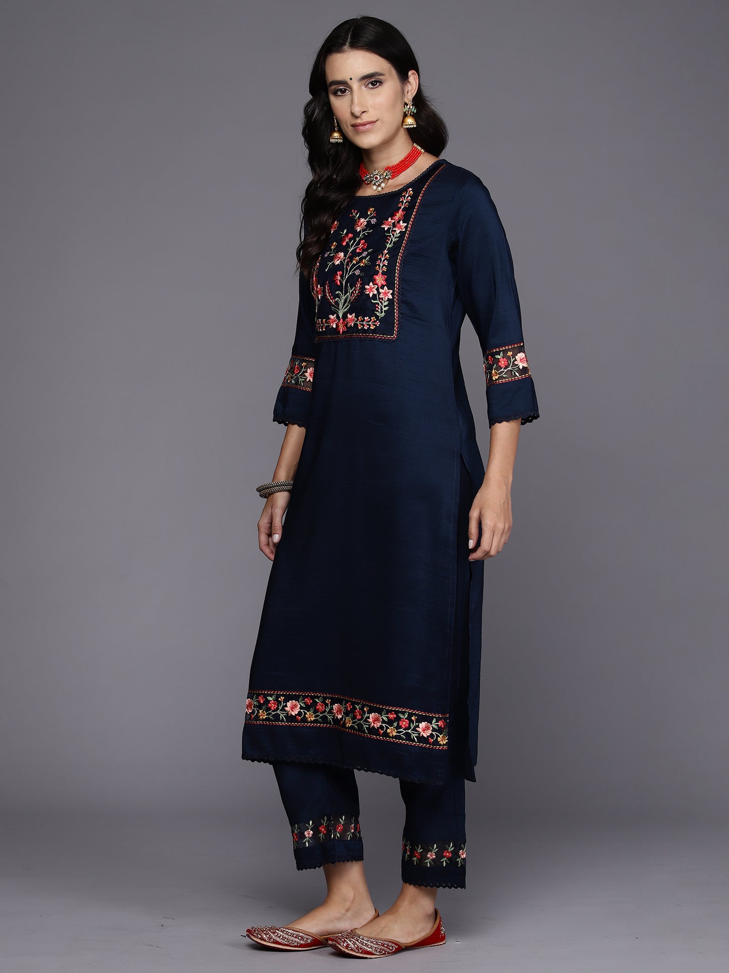 IE Blue Embroidered Straight Kurta Trousers With Dupatta Set