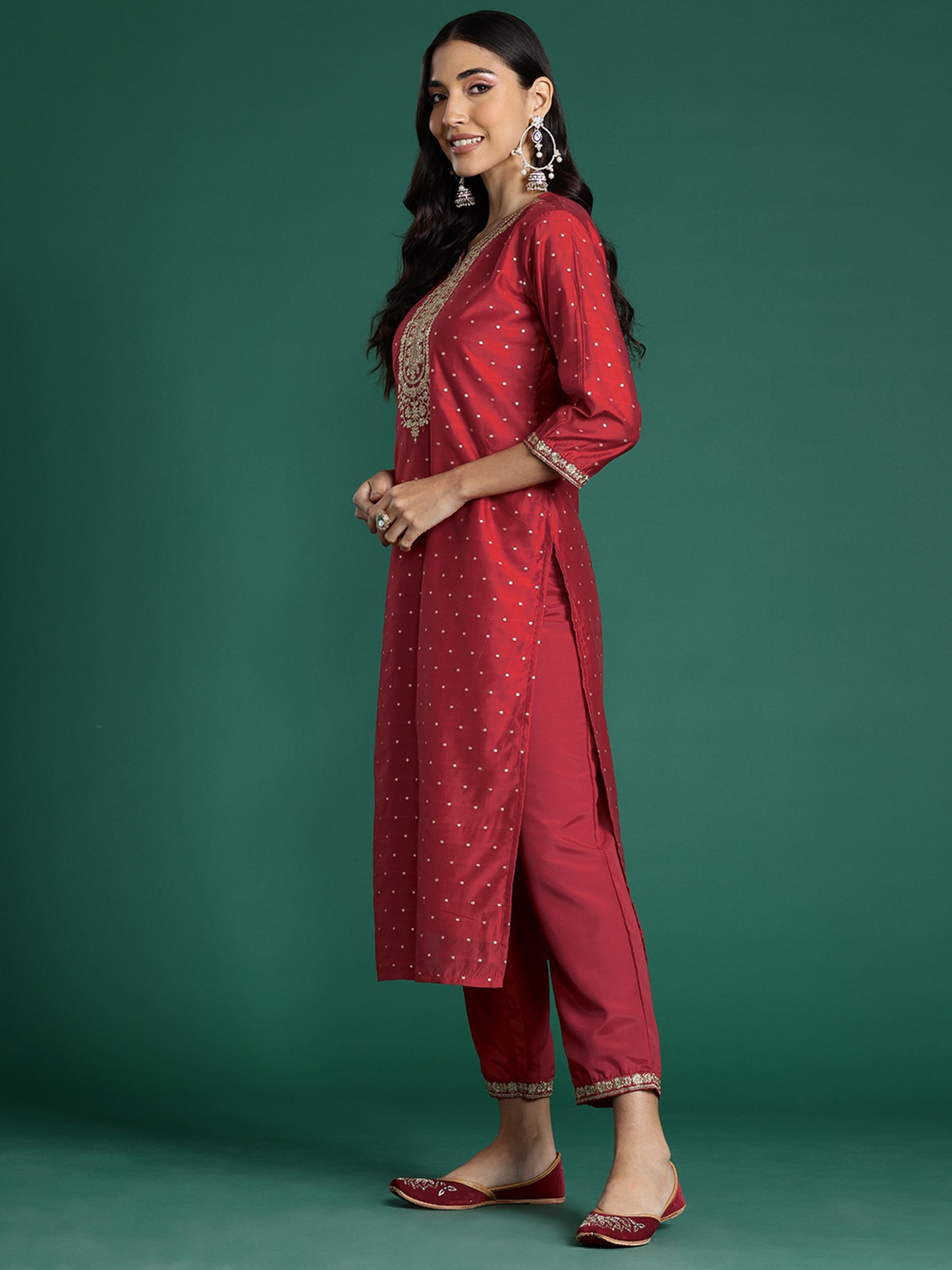 IE Red Embroidered Straight Kurta Trousers With Dupatta set