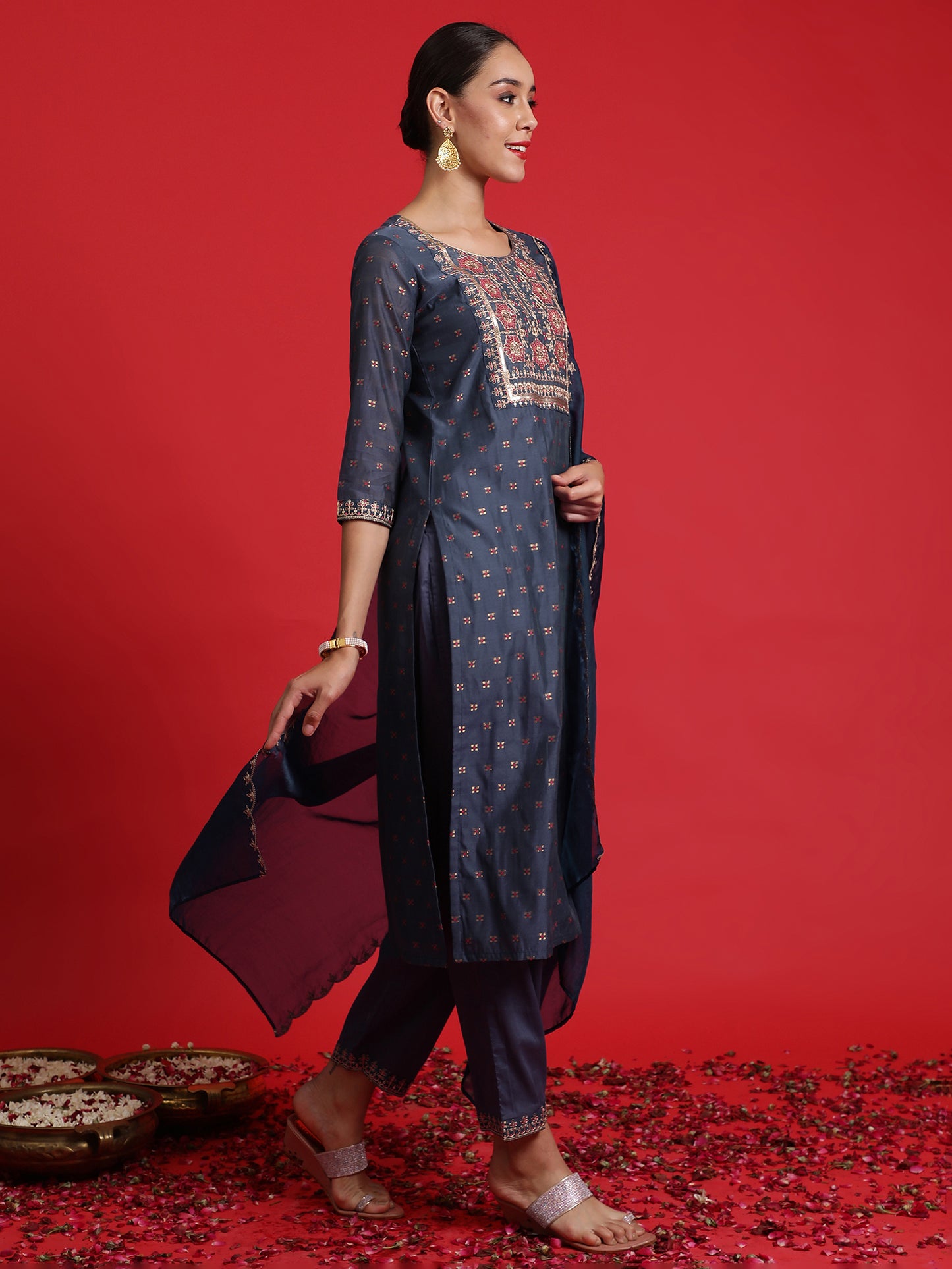 IE Blue Embroidered Straight Kurta Trousers With Dupatta Set