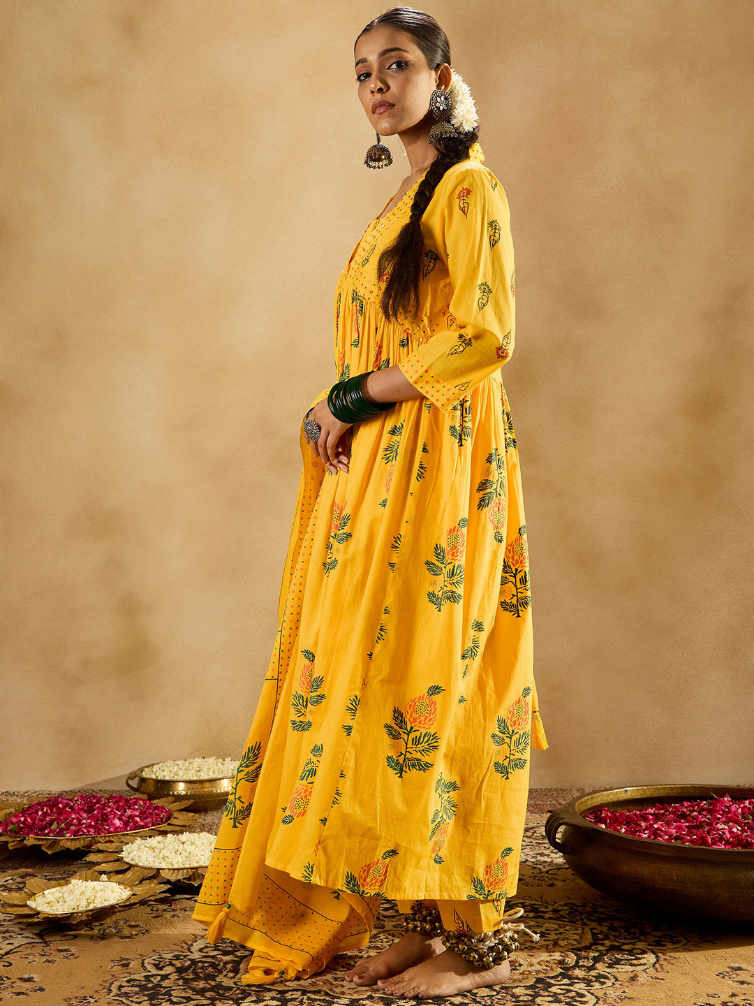 IE Yellow Printed A-Line Kurta Trousers With Dupatta set