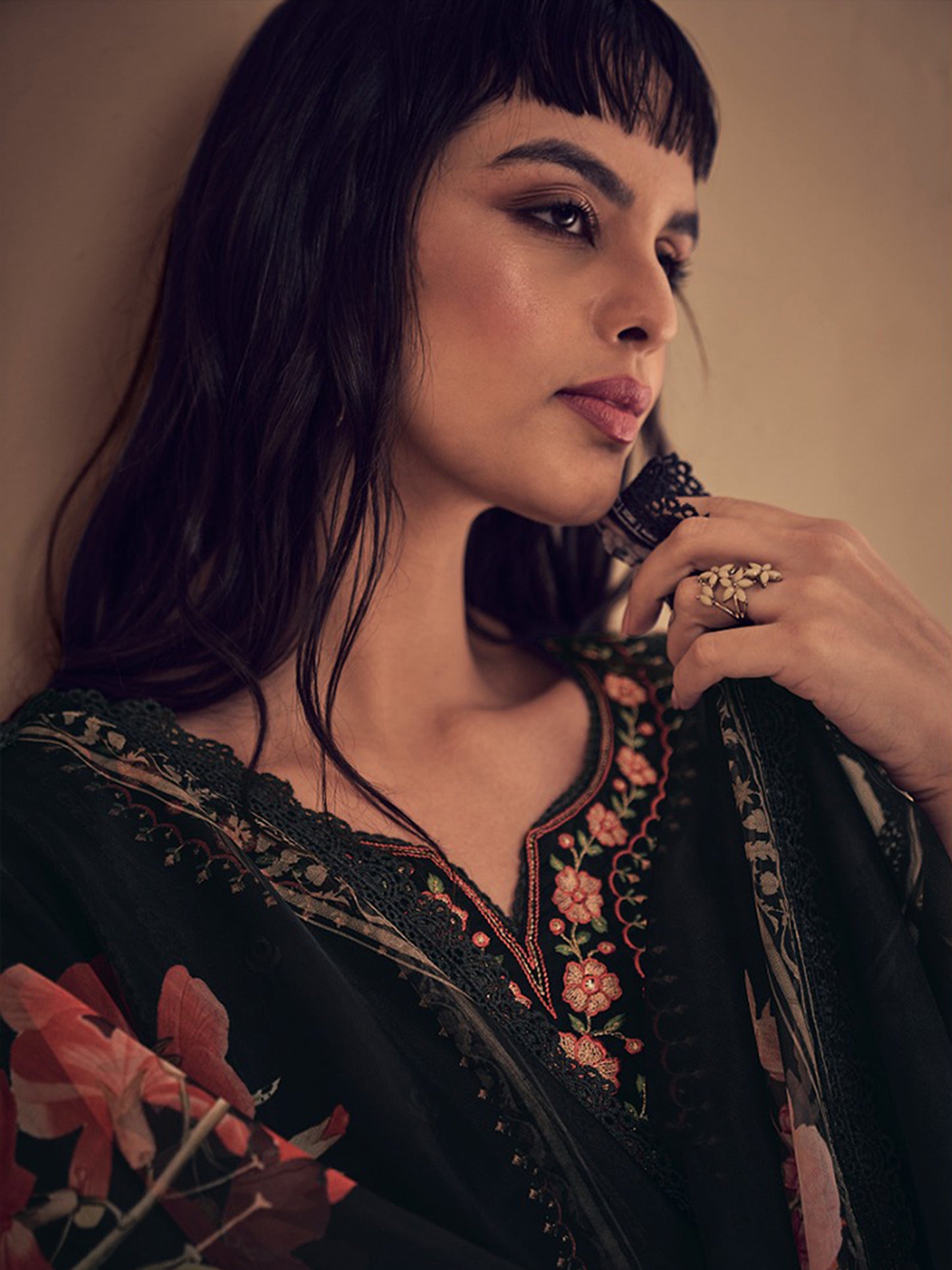 IE Black Embroidered Straight Kurta Trousers With Dupatta set