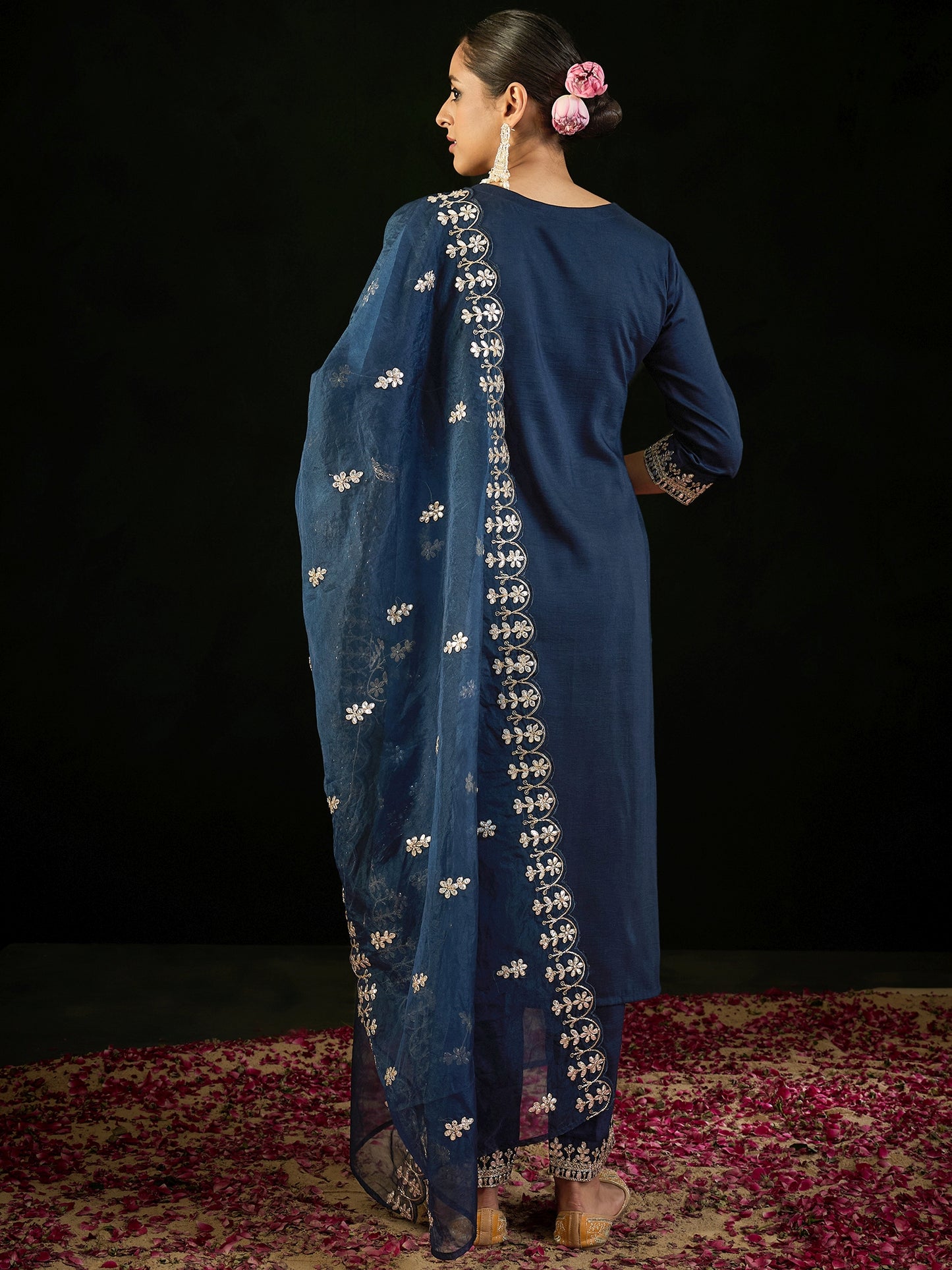 IE Navy Blue Embroidered Straight Kurta Trousers With Dupatta set