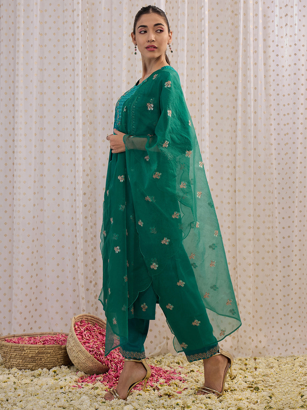 IE Teal Embroidered A-Line Kurta Trousers With Dupatta set