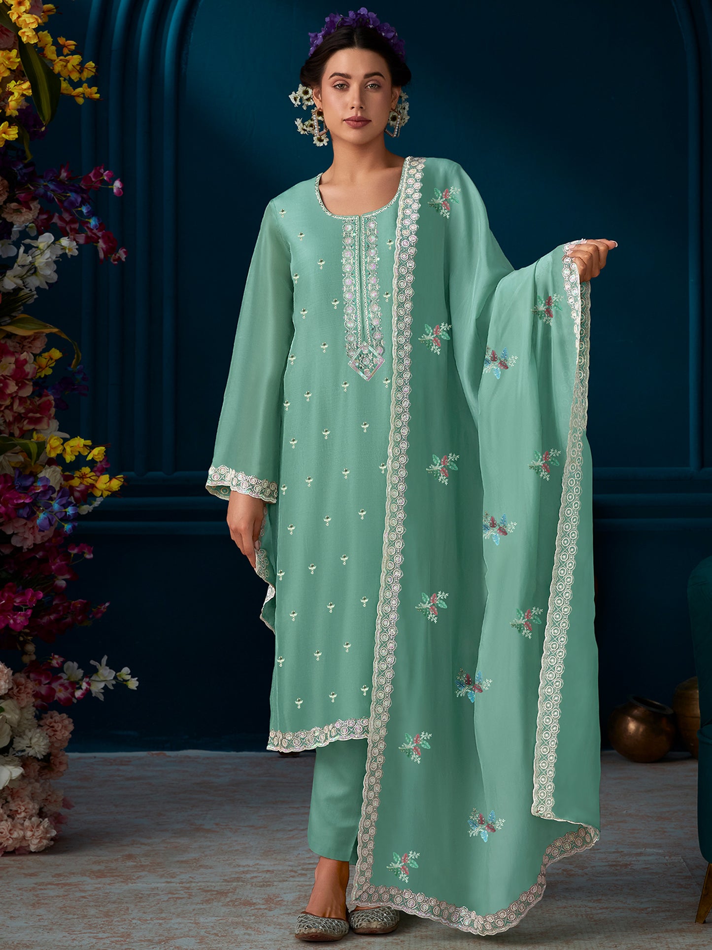 IE Green Straight Embroidered Kurta Trousers With Dupatta Set