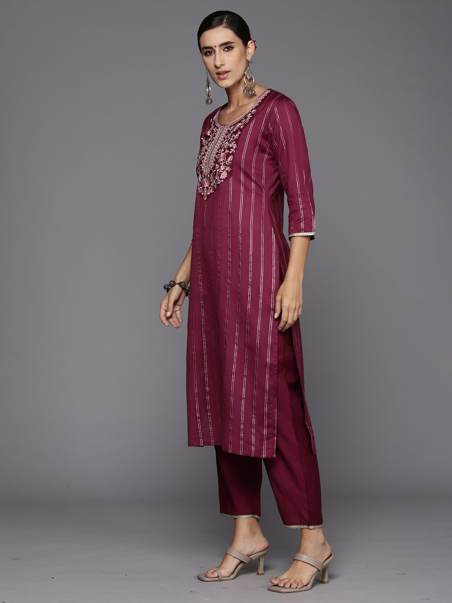 IE Burgundy Embroidered Straight Kurta Trousers With Dupatta Set