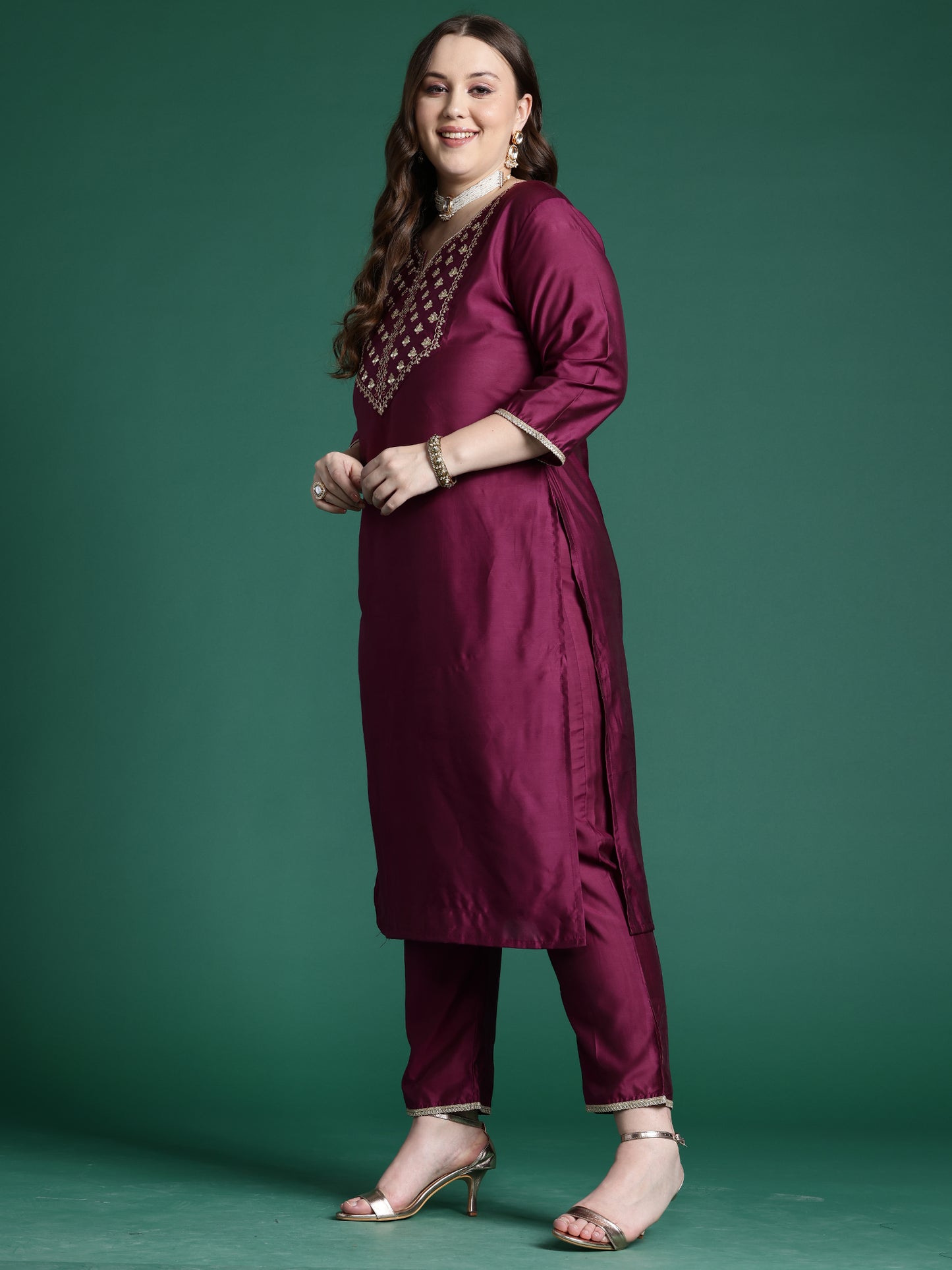 IE Purple Embroidered Straight Kurta Trousers With Dupatta set