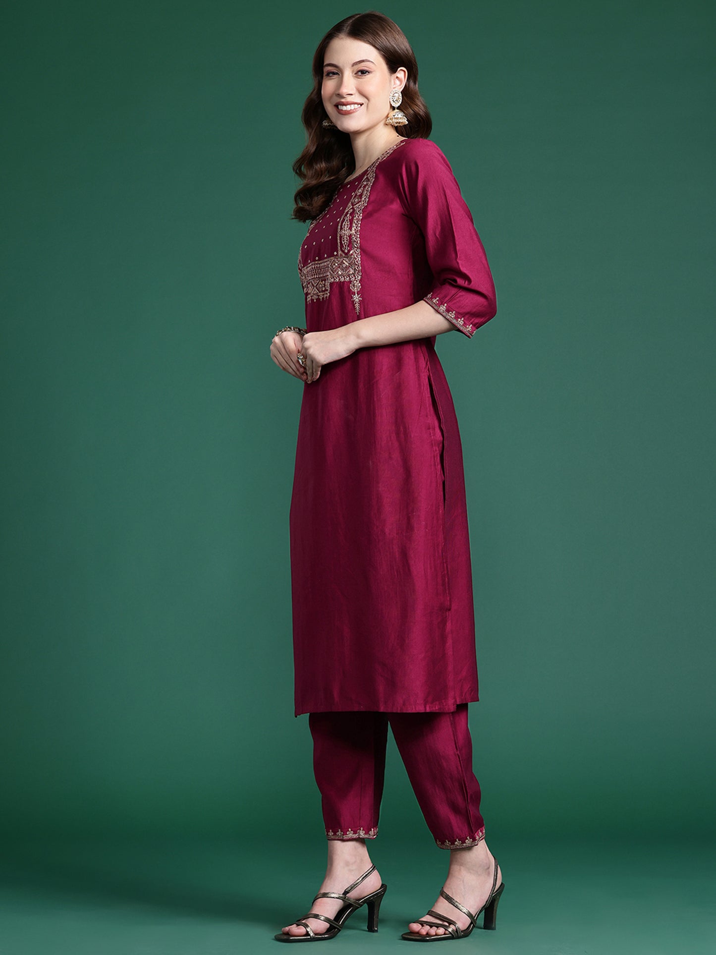 IE Burgundy Embroidered Straight Kurta Trousers With Dupatta  Set