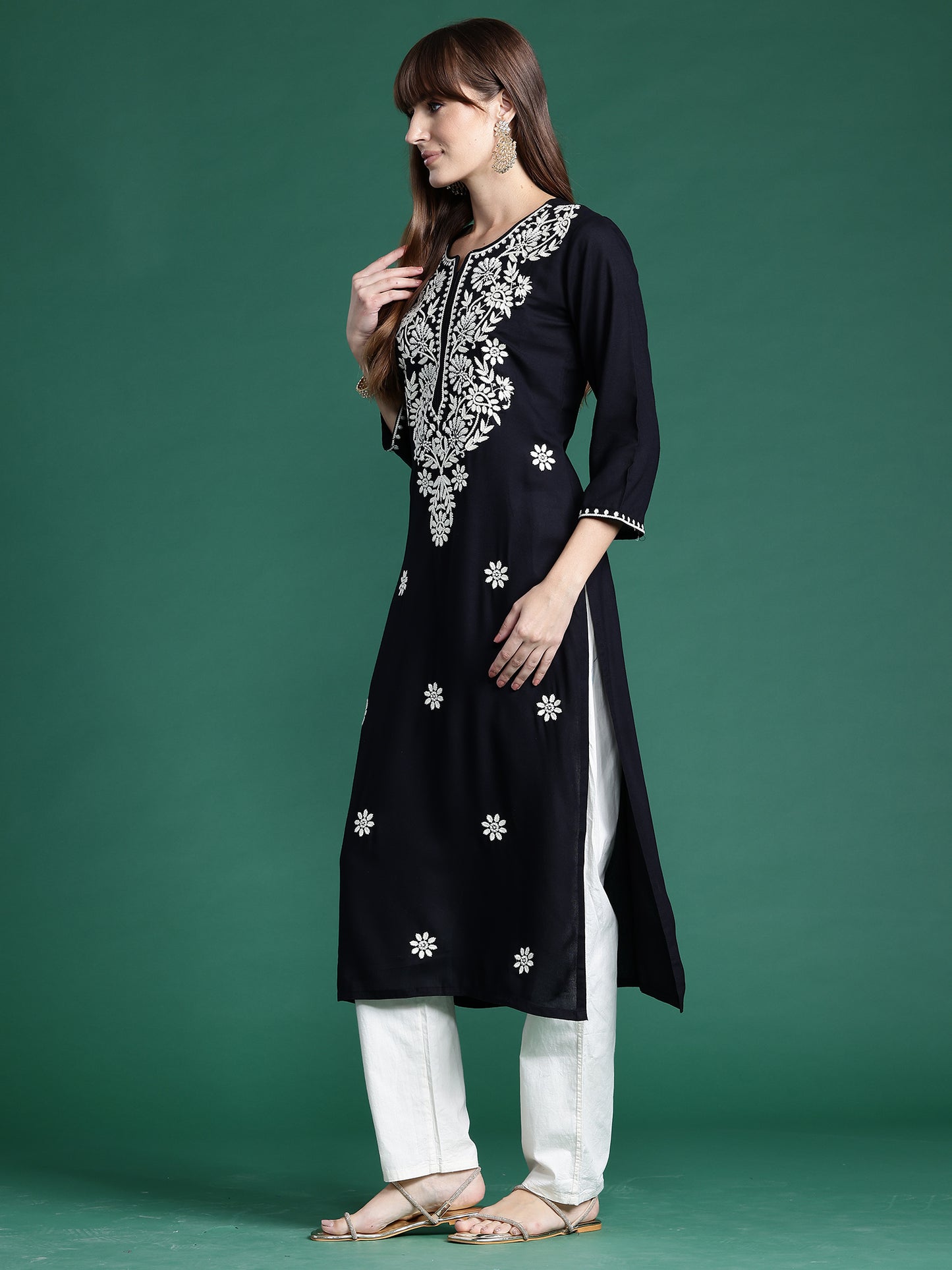 IE Black Embroidered Straight Kurtas