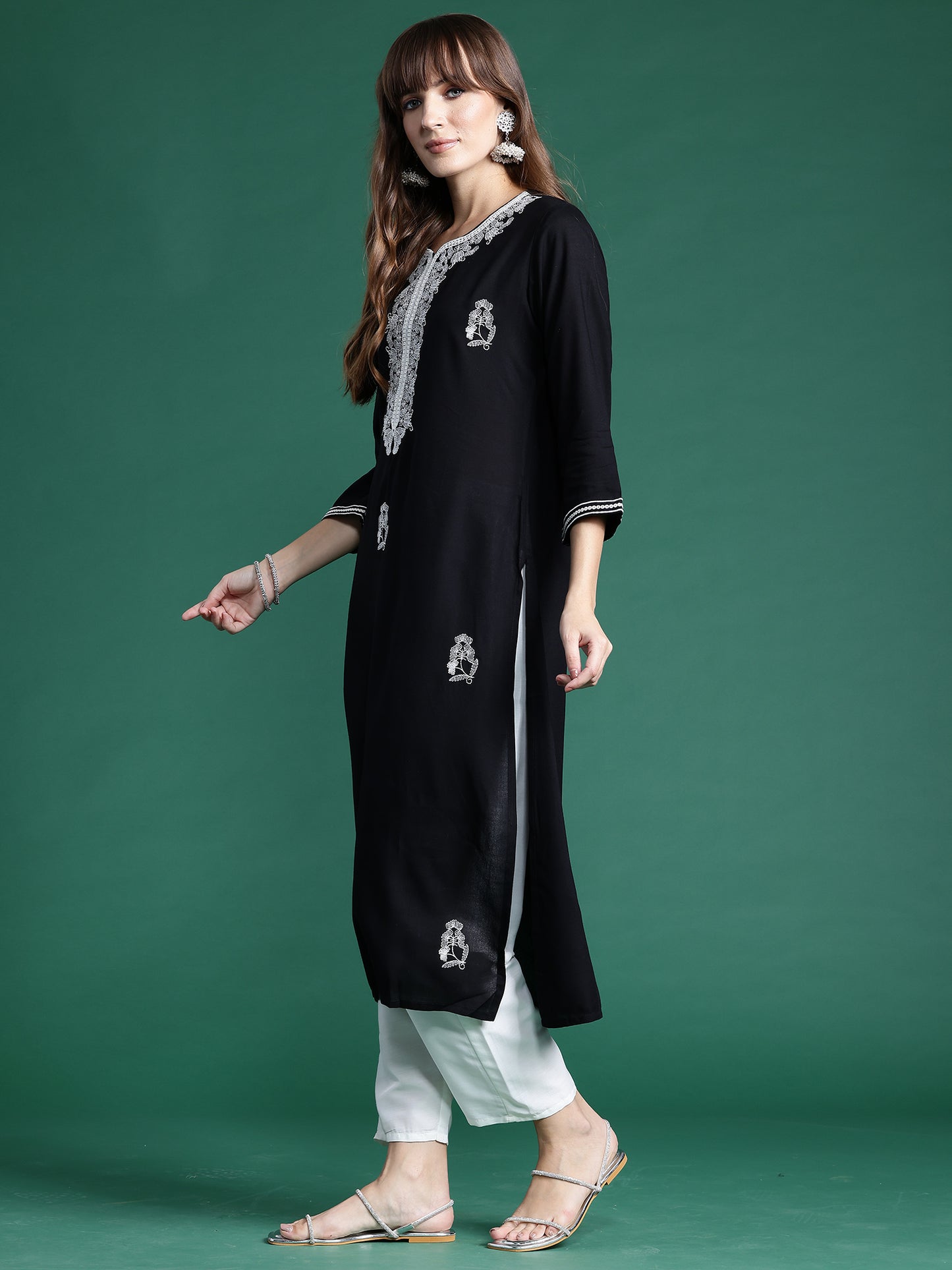 IE Black Embroidered Straight Kurtas