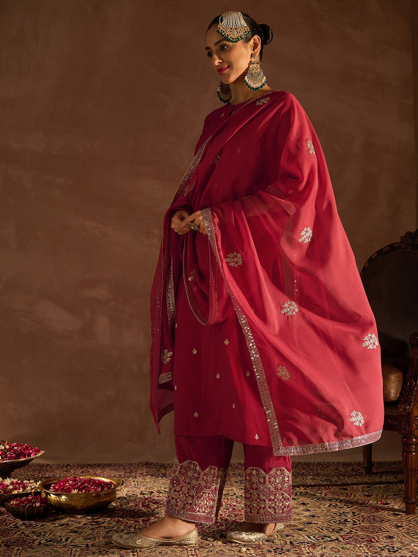 IE Red Embroidered Straight Kurta Sharara With Dupatta set