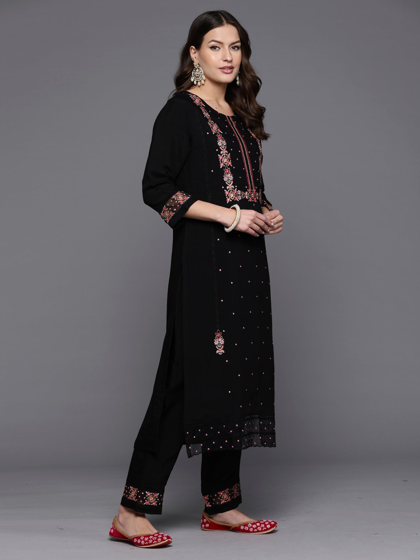 IE Black Embroidered Straight Kurta Trousers With Dupatta set